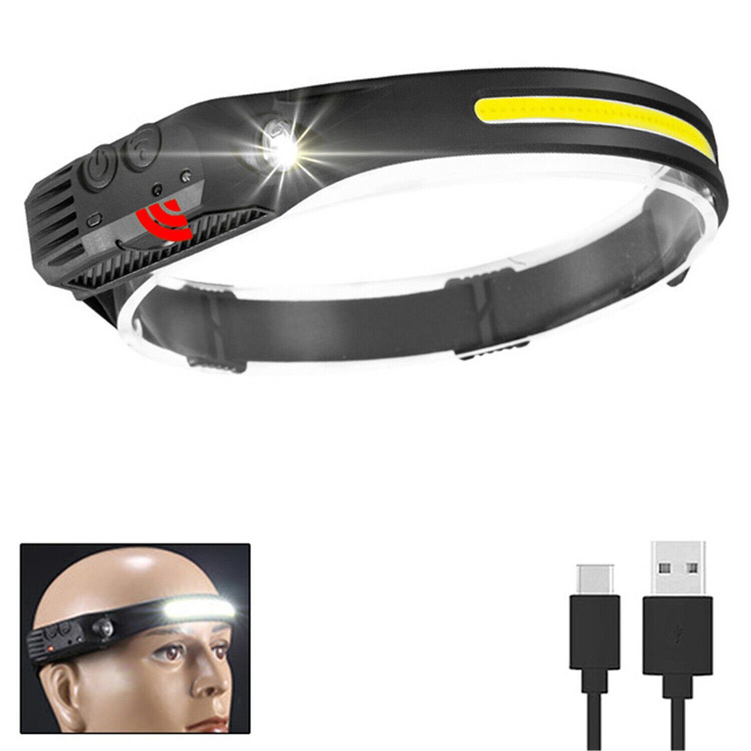 Olotos Stirnlampe LED COB XPE Kopflampe Scheinwerfer USB Wiederaufladbar mit Sensor, 1-3 COB 5 Modi 230°Ultra Weitwinkel Rot Gelb Licht IPX4 Wasserdicht 1 COB - Weisslicht