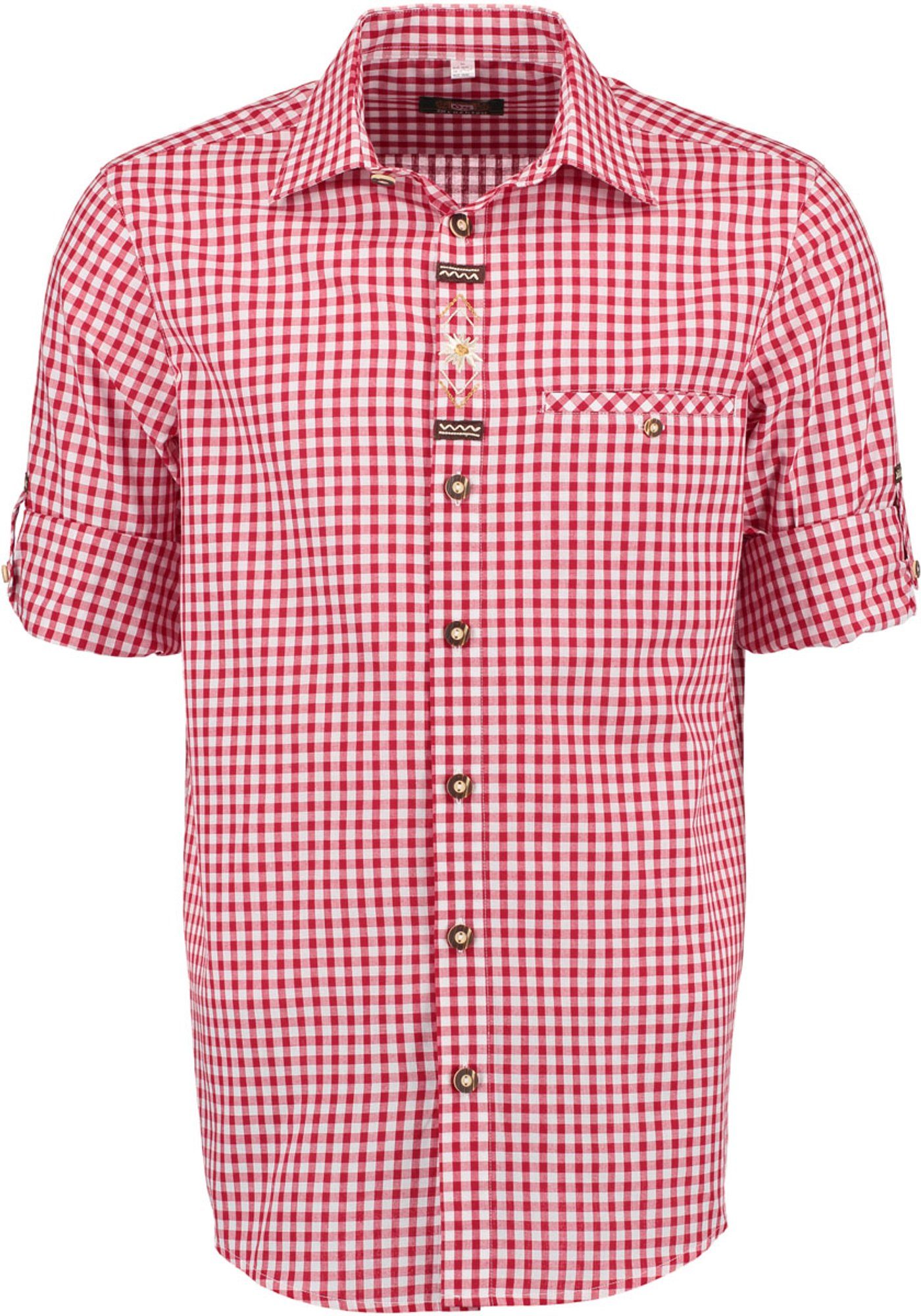 Smoba der Langarmhemd Knopfleiste Trachtenhemd auf mit Edelweiß-Stickerei mittelrot Paspeltasche, OS-Trachten