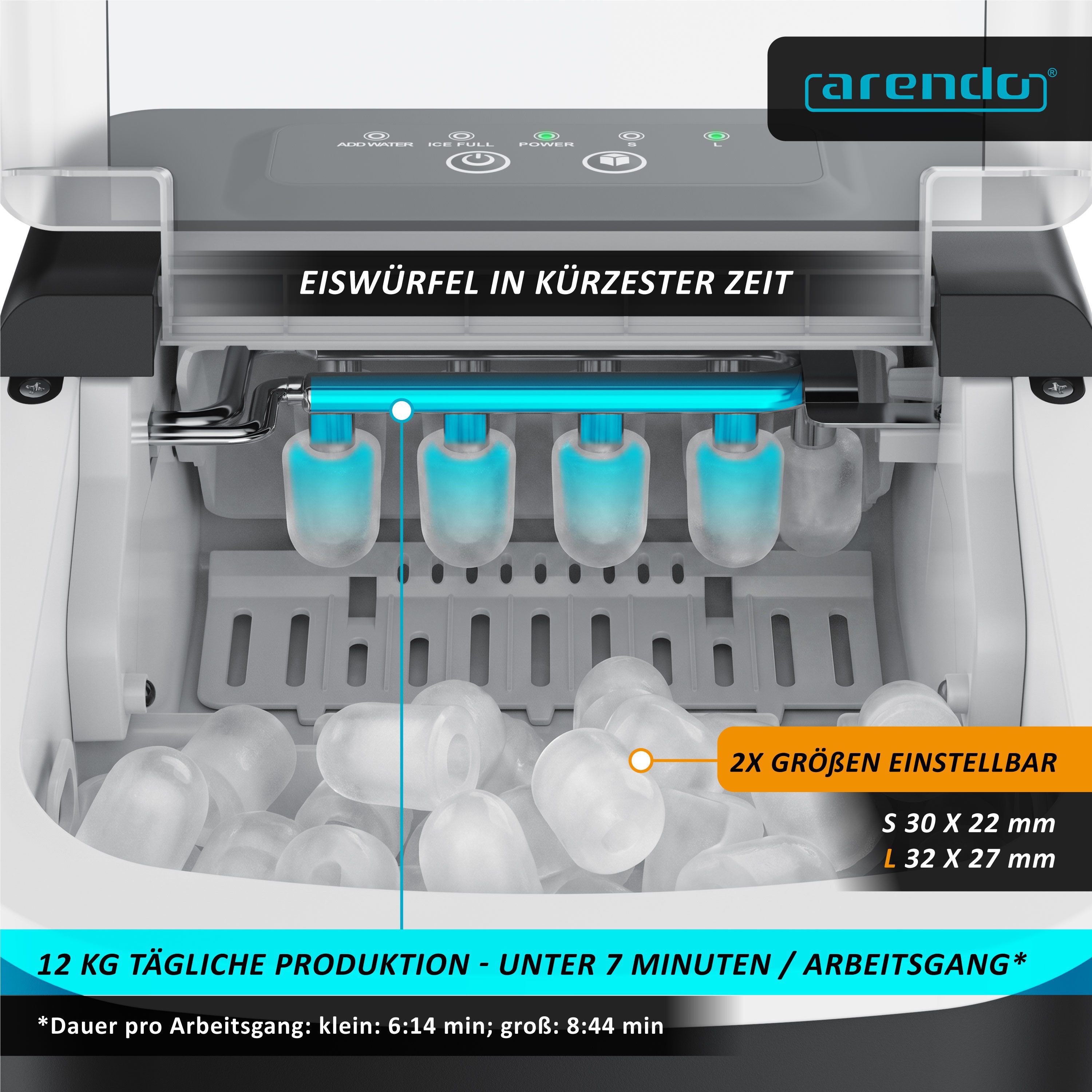 Arendo Eiswürfelmaschine Ice Maker Eiswürfelbereiter, max. 12kg Eiswürfe pro Tag, 1,1L Behälter, Eiswürfelautomat 2 Bullet-Größen, Sichtfenster, Tragegriff, doppelwand