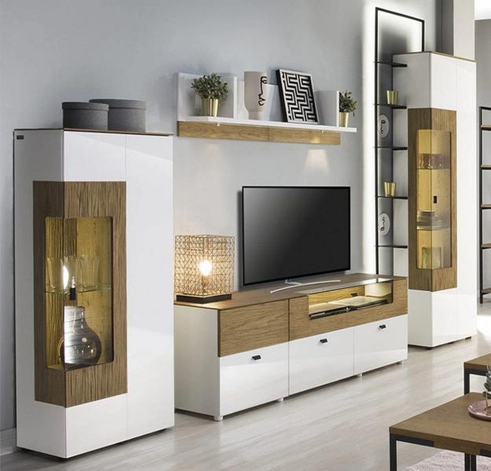 JVmoebel Wohnwand Modernes TV-Lowboard mit Vitrinen und Wandregal in Hochglanz Weiß, (4-St., 4 tlg. Wohnzimmer Set (TV-Lowboard + 2xVitrine + Wandregal)(TRK), Made in Europa