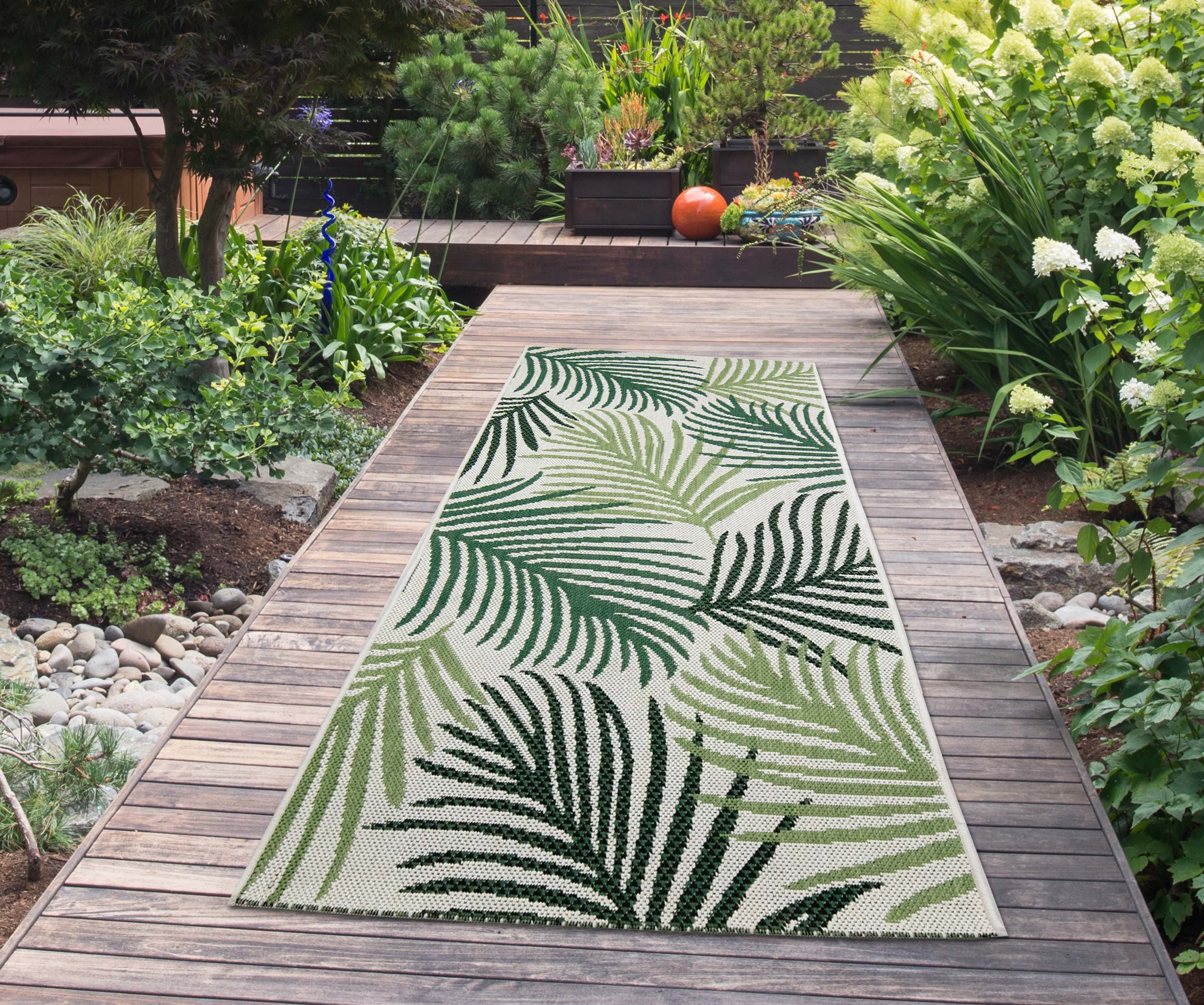 & rechteckig, Outdoorteppich sandfarbe, in Outdoor mm Höhe: TeppichHome24, 5 Sisal In- Teppich auf Palmenzweige Optik grün