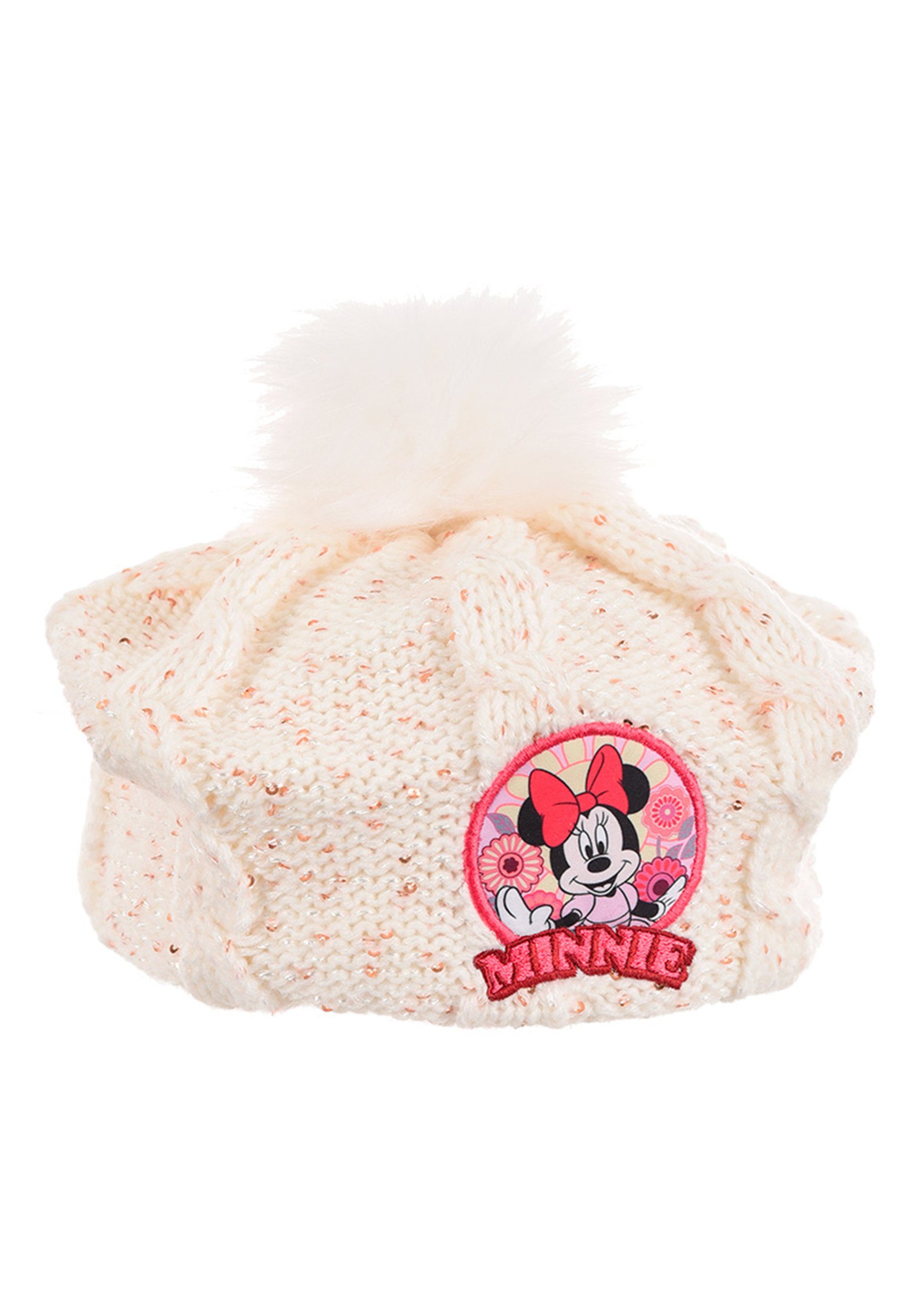 Mädchen Disney Weiß Minnie Winter-Strick-Baskenmütze Bommelmütze Mouse Kinder