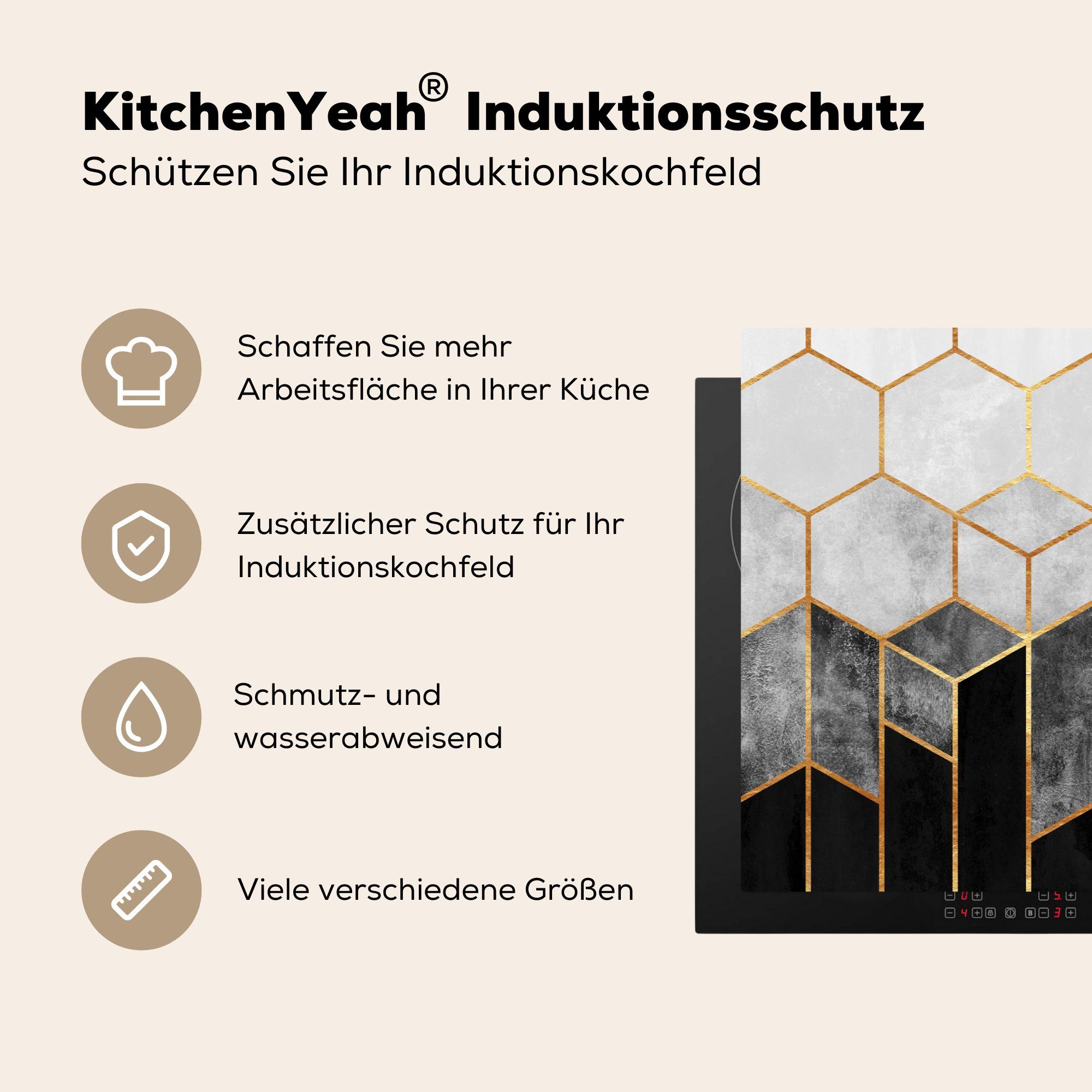 Muster 81x52 Gold tlg), cm, Vinyl, - Induktionskochfeld küche, für Chic Schutz MuchoWow - Herdblende-/Abdeckplatte - Sechseck Luxus, die (1 - Ceranfeldabdeckung