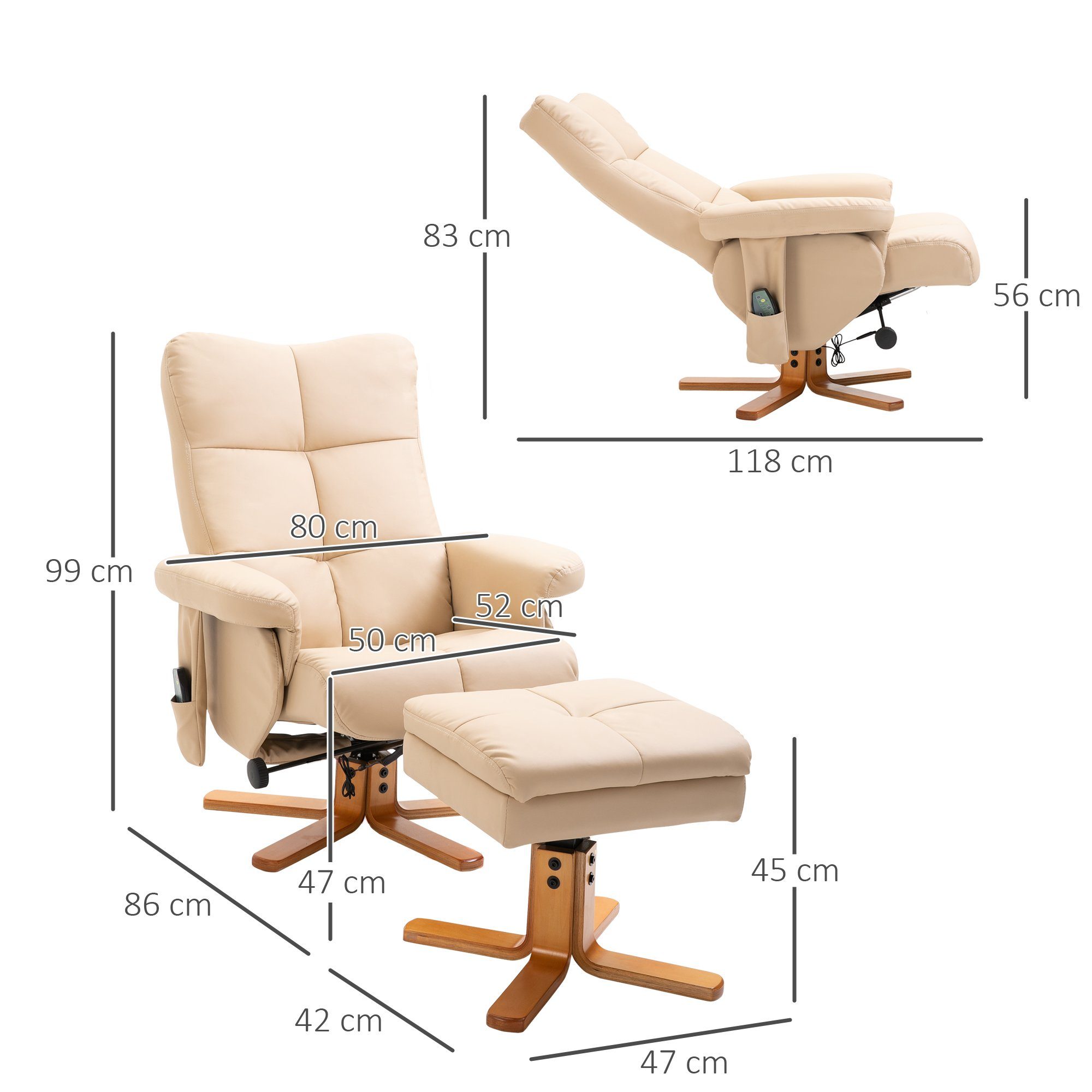 HOMCOM Massagesessel Fußhocker), 86 mit 80 Cremeweiß 99 x (Set, cm x Kunstleder Massagestuhl Massagesessel 2-St