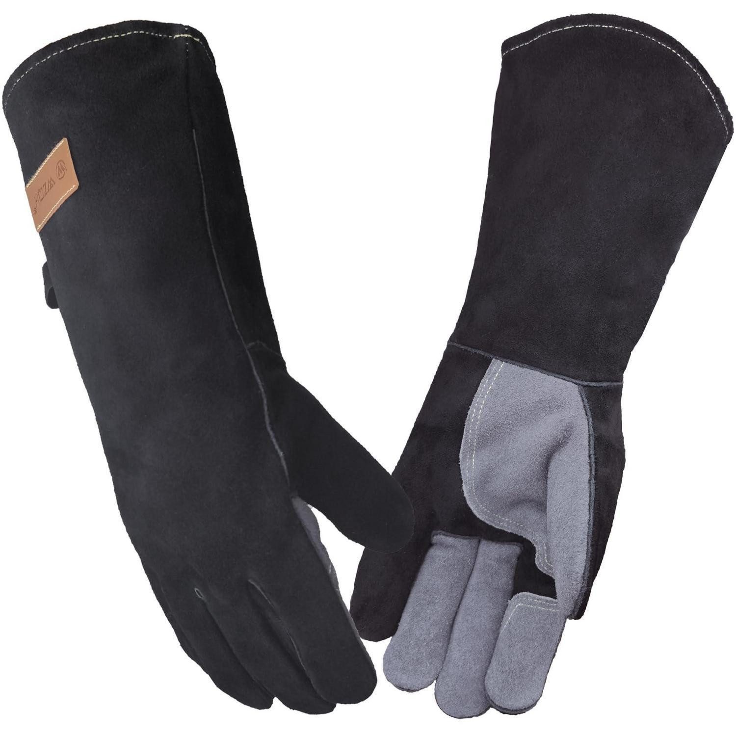 LuxusKollektion Grillhandschuhe Grillhandschuhe Leder 40cm Grau/Schwarz L
