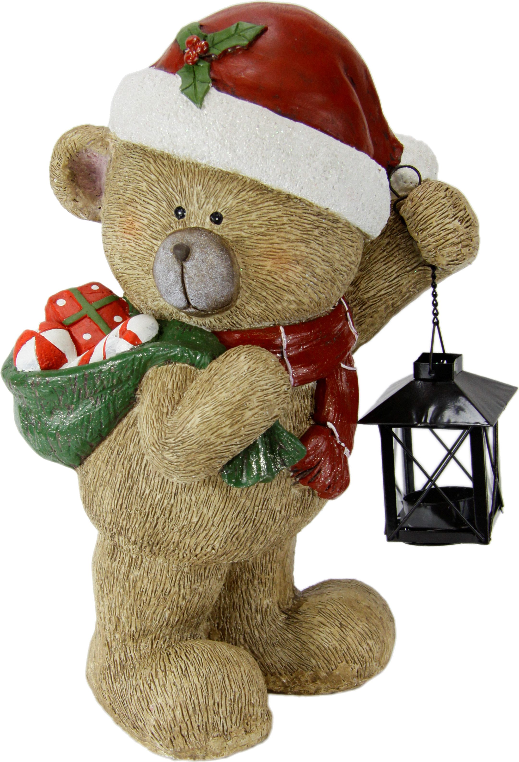 I.GE.A. Dekofigur Bär mit Lampe, Figur Statue Weihnachtsfigur Ornament Weihnachtsdeko Adventskränze