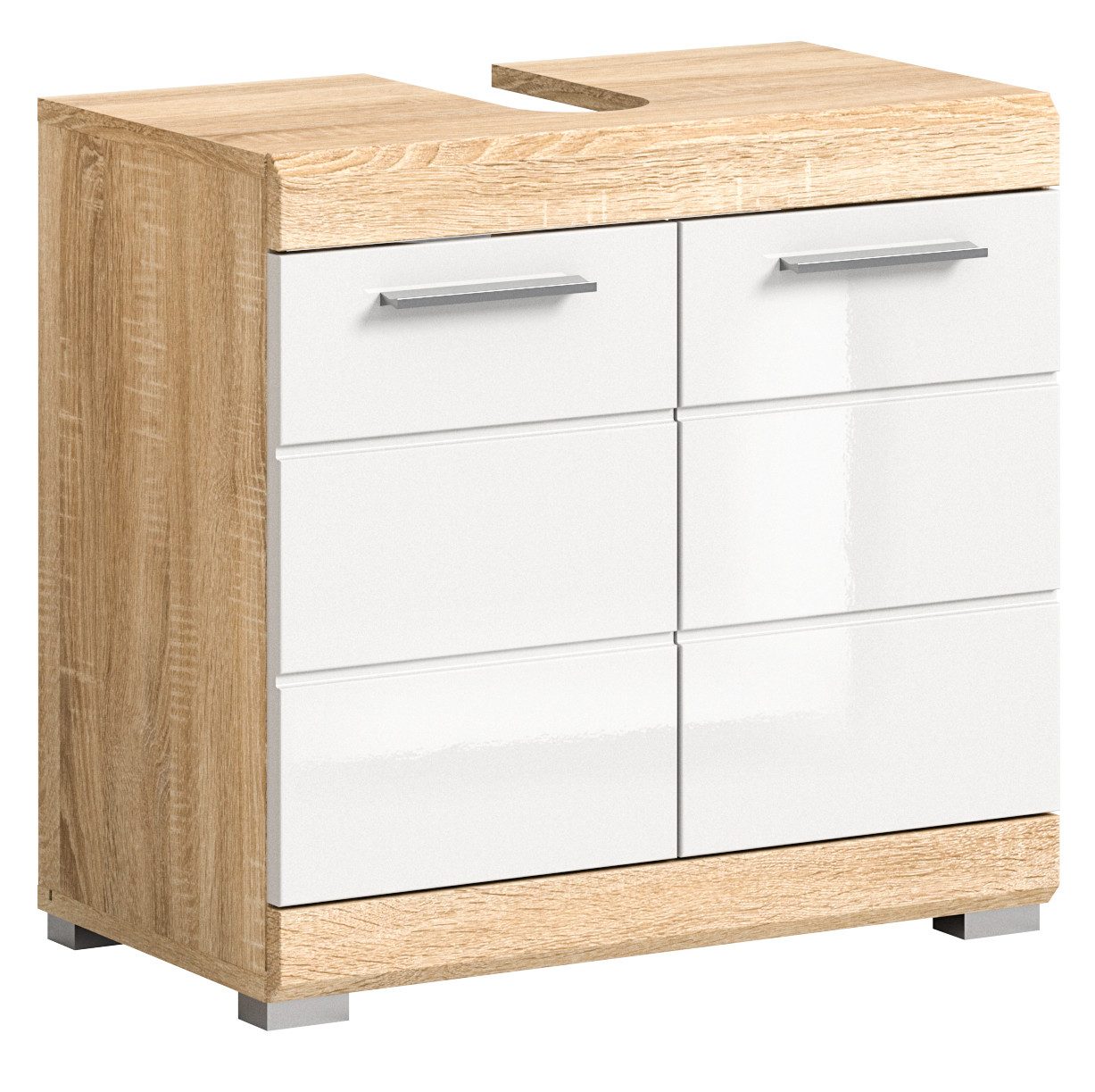 xonox.home Waschbeckenunterschrank Lambada Sonoma Eiche Hell Weiß Hochglanz Melamin Modern 60x56x34 cm