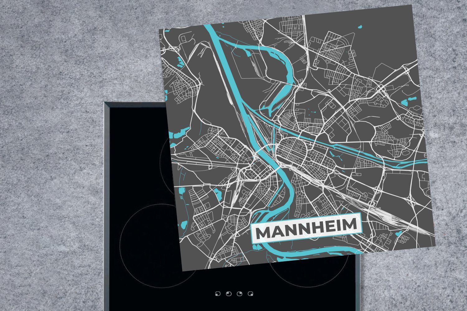 MuchoWow Herdblende-/Abdeckplatte Stadtplan - Deutschland - - - Blau Vinyl, für küche Ceranfeldabdeckung, Karte, 78x78 (1 tlg), cm, Arbeitsplatte Mannheim