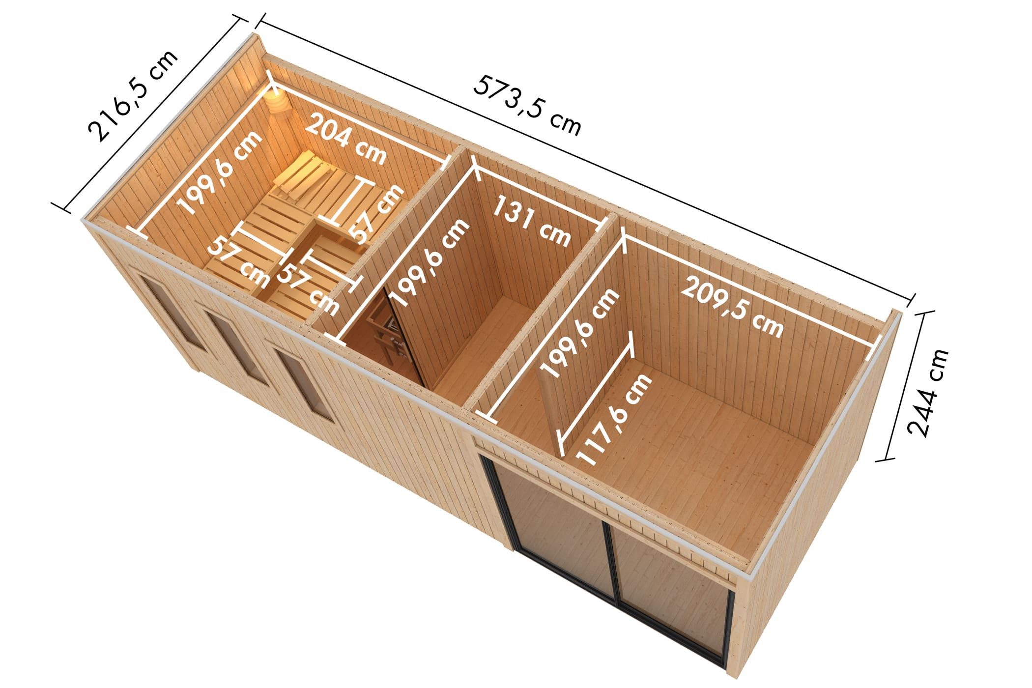 Karibu Saunahaus Ambra in natur oder schwarz inkl. Saunaofen 9kW, nordisches Fichtenholz, 72 mm Wandstärke