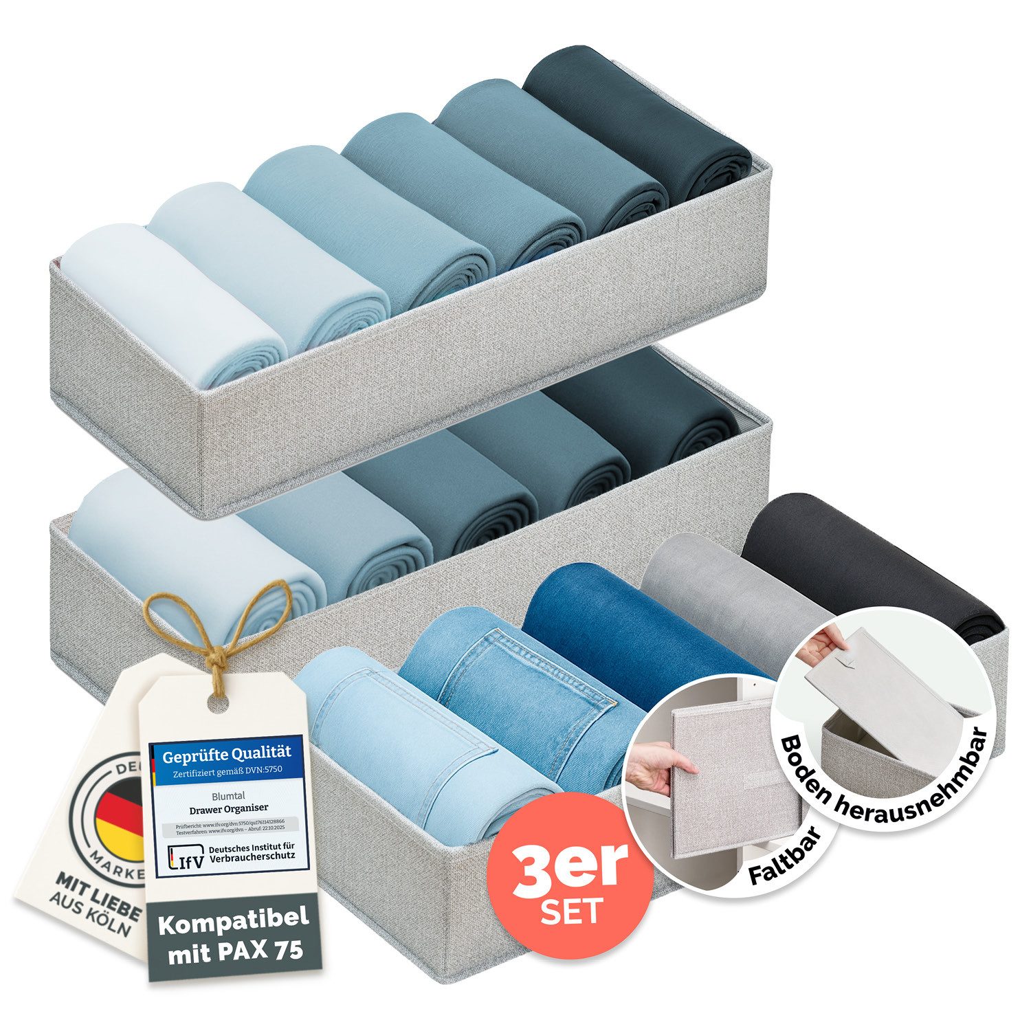 Blumtal Faltbox Kompatibel HEMNES, MALM, PAX Organizer Ordnungssystem Kleiderschrank (3 St), Faltboxen für BHs, T-Shirts - Boxen für Schrank