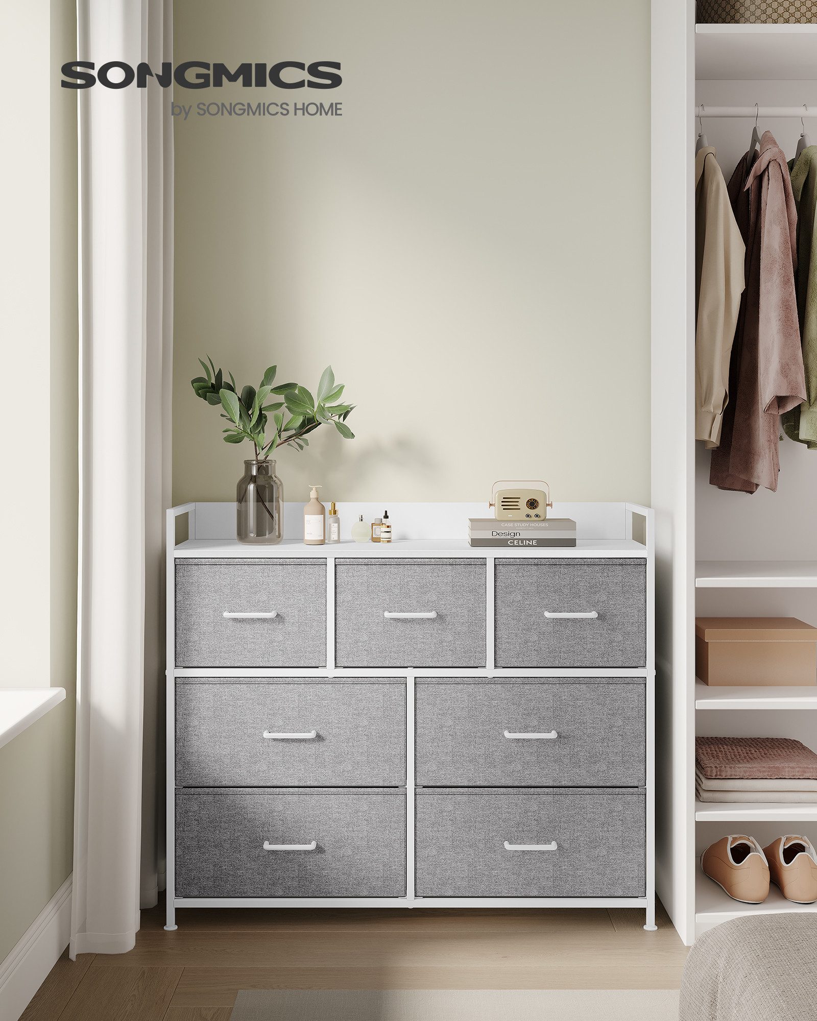 SONGMICS Kommode Schrank, 7 Stoffschubladen, mit Griffen, Metallgestell, Industrie-Design