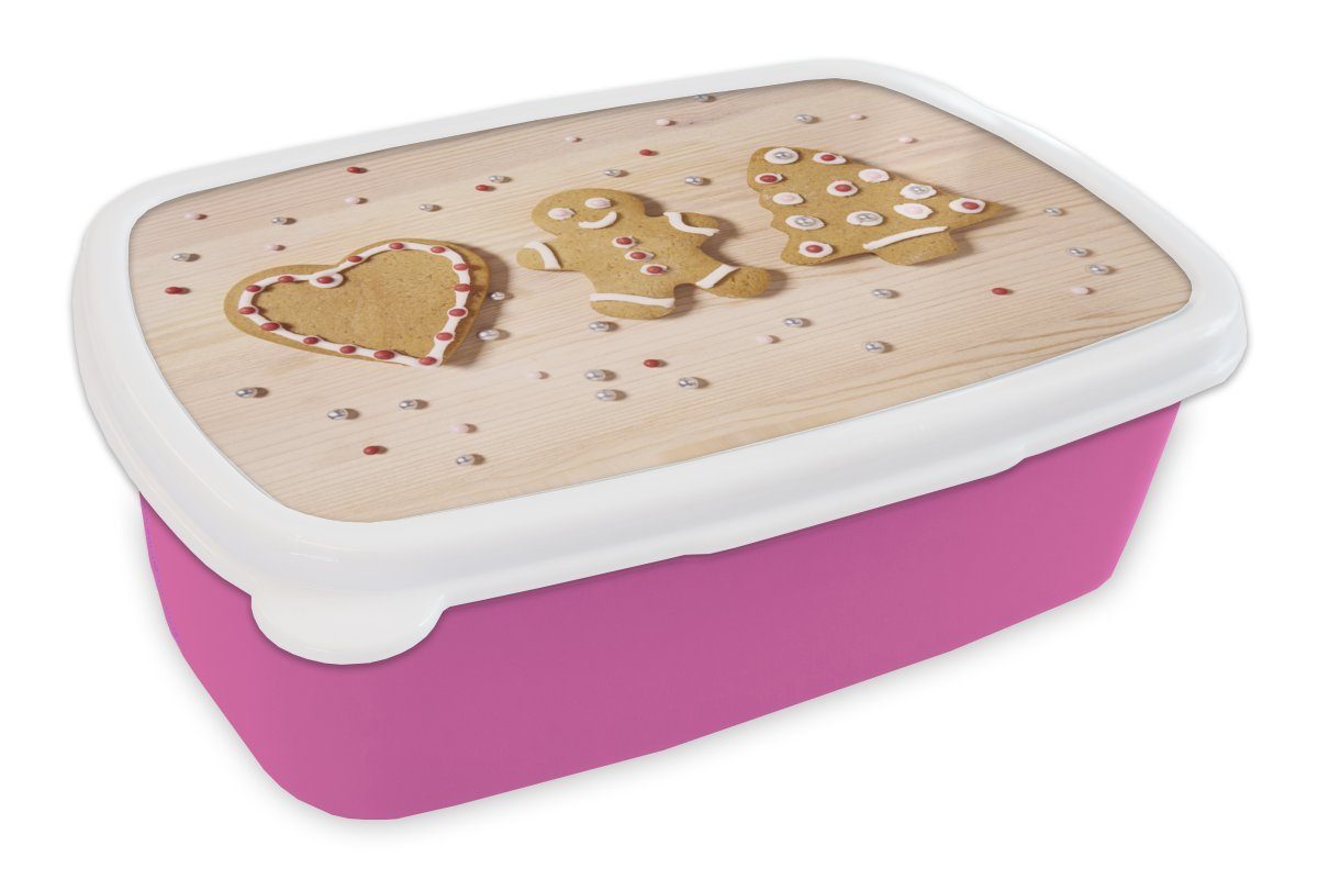 MuchoWow Lunchbox Weihnachtsplätzchen für Mädchen, Snackbox, Erwachsene, Brotbox (2-tlg), auf Kunststoff Kinder, Brotdose rosa Kunststoff, Holz