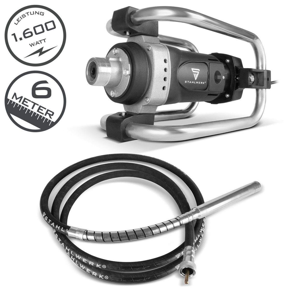 STAHLWERK Betonmischer Betonverdichter 1.600 Watt Rüttelflasche Ø 45 mm Set 600 cm Länge