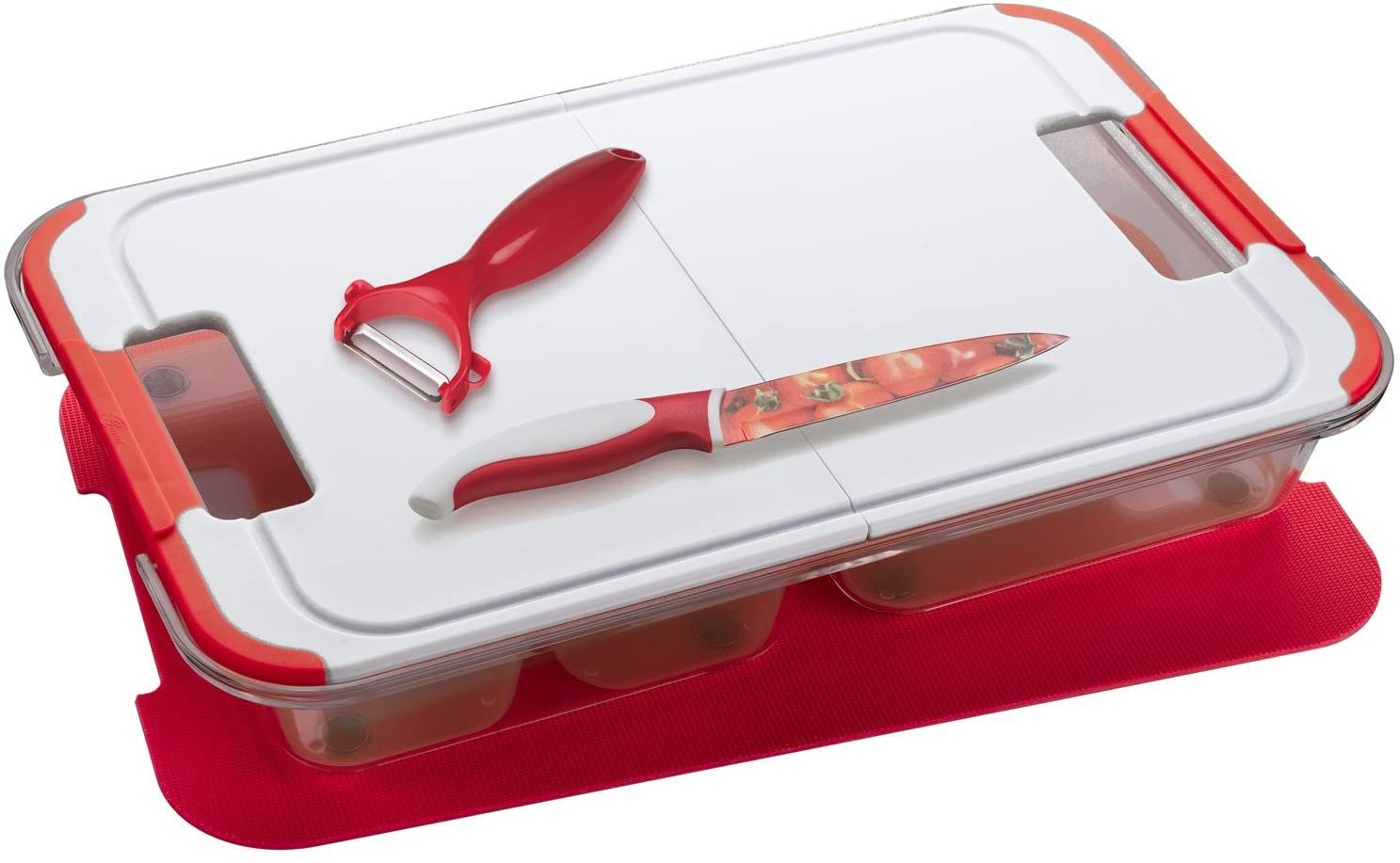 Genius Schneidebrett Genius 26282 Slice N Store ROT Set 14-tlg. Schneid und, (12-teiliges Schneide- und Aufbewahrungs-Set)