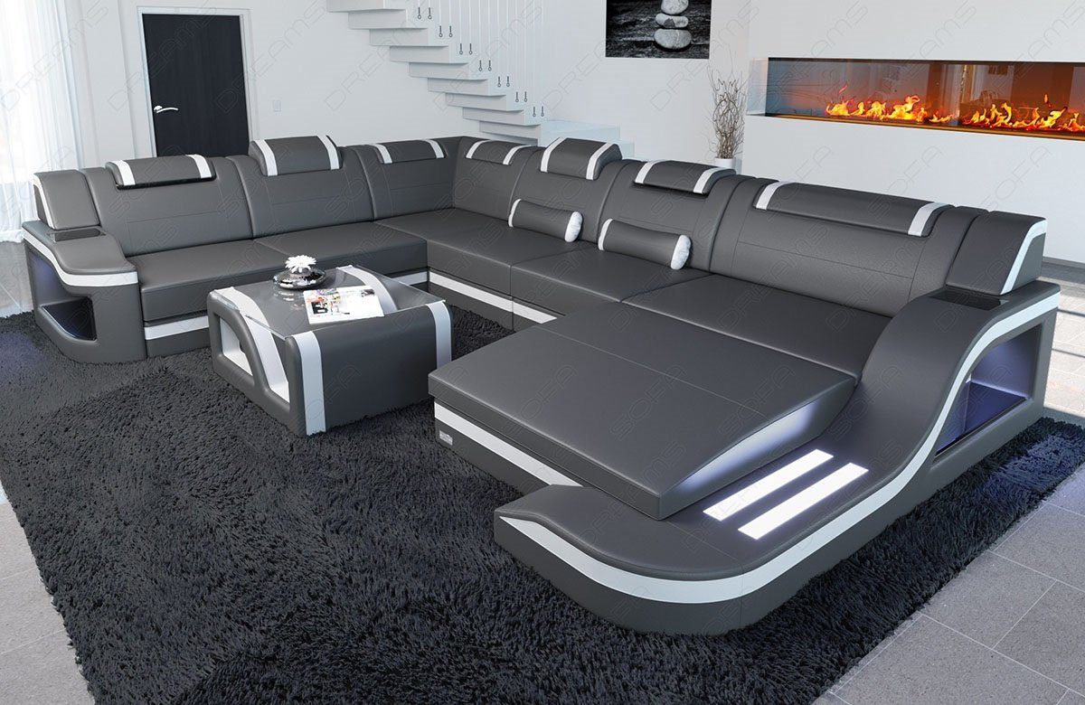 Sofa Dreams Wohnlandschaft Ledercouch Sofa Leder Palermo XXL U Form Ledersofa, Couch, mit LED, wahlweise mit Bettfunktion als Schlafsofa, Designersofa