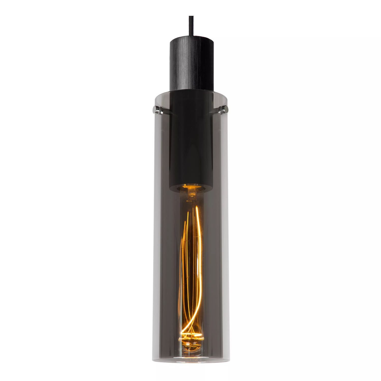 Licht-Erlebnisse Pendelleuchte ULARI, ohne Leuchtmittel, Metall Rauchglas E27 rund Ø 10 cm H: max. 172 cm Schwarz Rauchgrau
