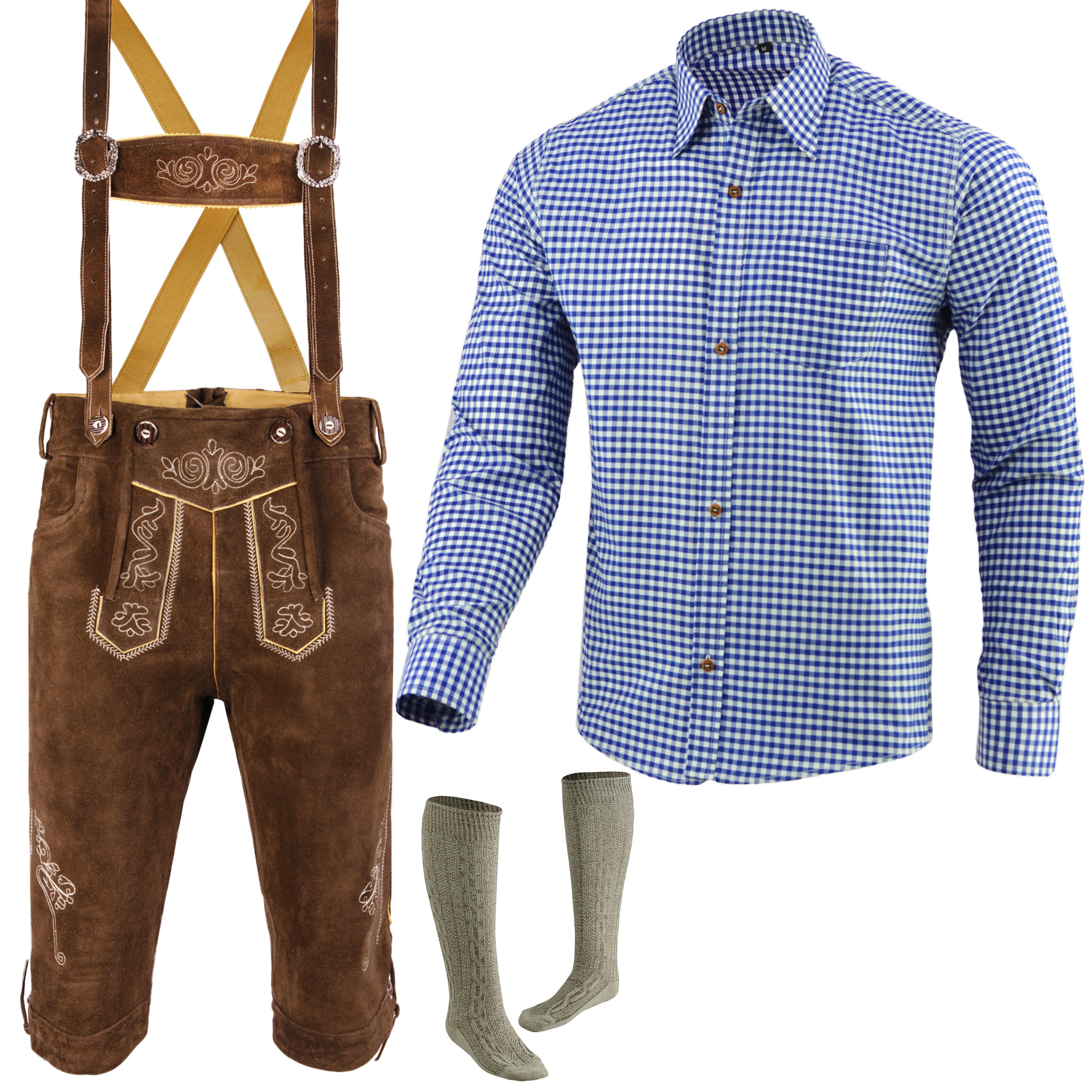 Myooka Trachtenlederhose Trachtenlederhose Herren kniebund knielang Bayerische Trachten Set