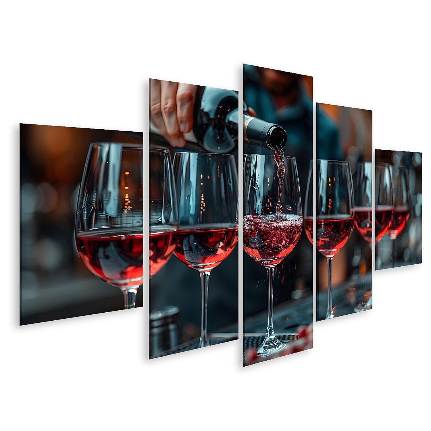 Leinwandbild Eine Person füllt eine Reihe Weingläser mit edlem Rotwein auf dem Wand