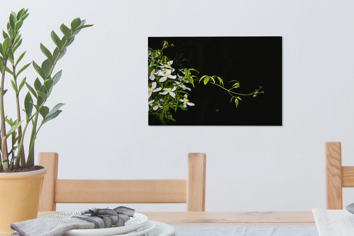 Zweig Hintergrund, weißen Leinwandbilder, Ein schwarzem 30x20 OneMillionCanvasses® Wandbild Wanddeko, St), auf einer Clematis kriechender cm (1 Leinwandbild Aufhängefertig,