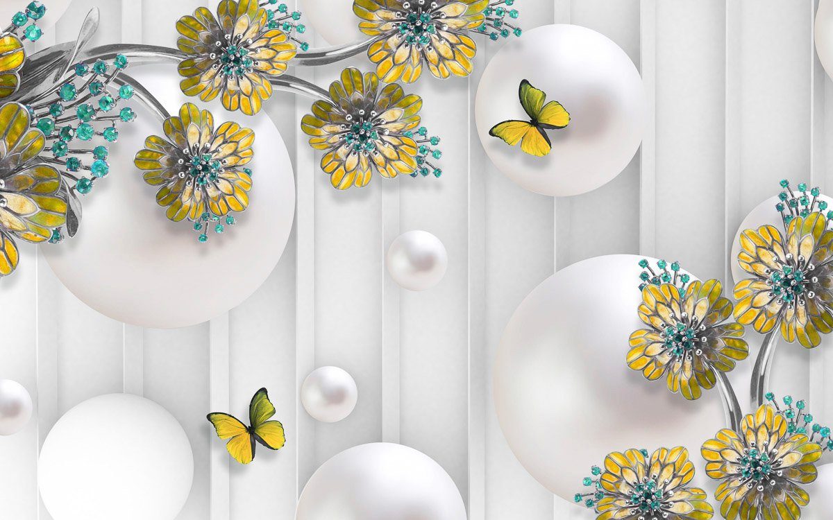 Papermoon Fototapete Abstrakt 3D Effekt mit Blumen und Schmetterlingen