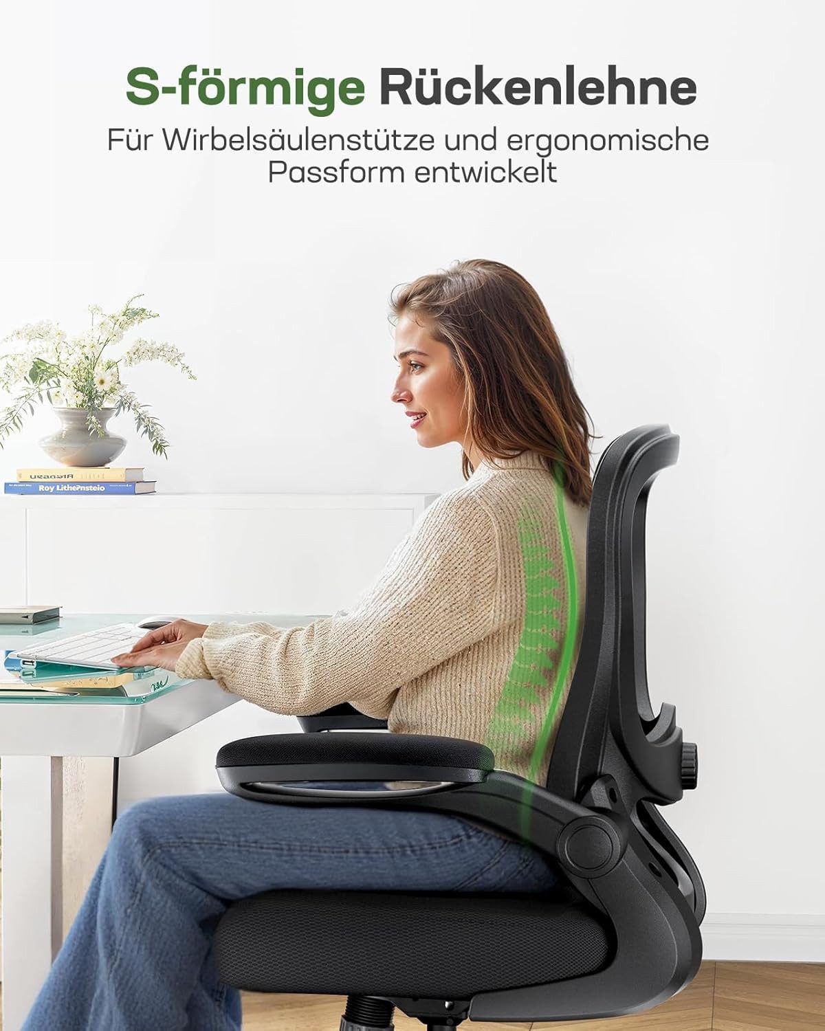 Marsail Bürostuhl Ergonomischer – Schreibtischstuhl Mesh mit 3D-verstellbaren Armlehnen (4-fach verstellbarer Lendenwirbelstütze, Mesh-Rückenlehne), Höhenverstellung, Wippfunktion, Drehstuhl bis 136 kg