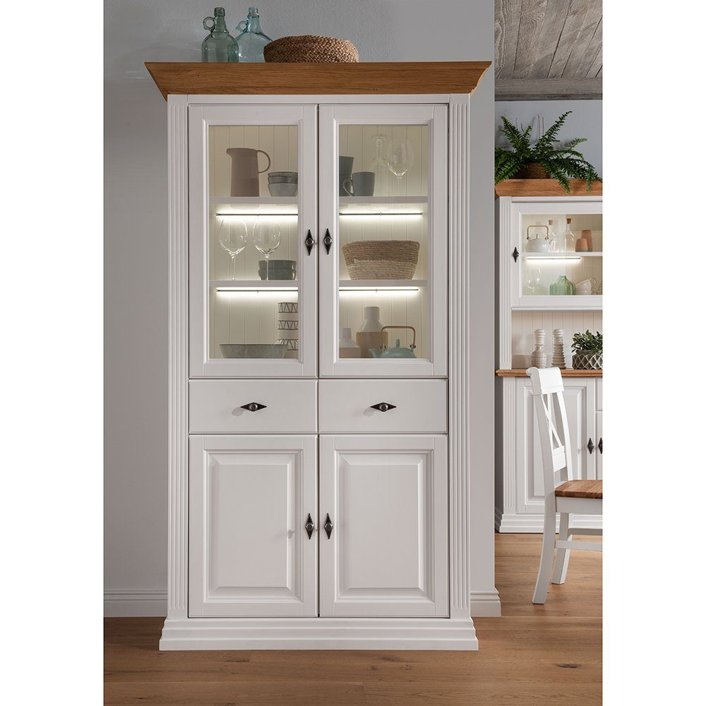 Lomadox Vitrine ESBJERG-69 Kiefer weiß lackiert mit Eiche geölt, Landhausstil