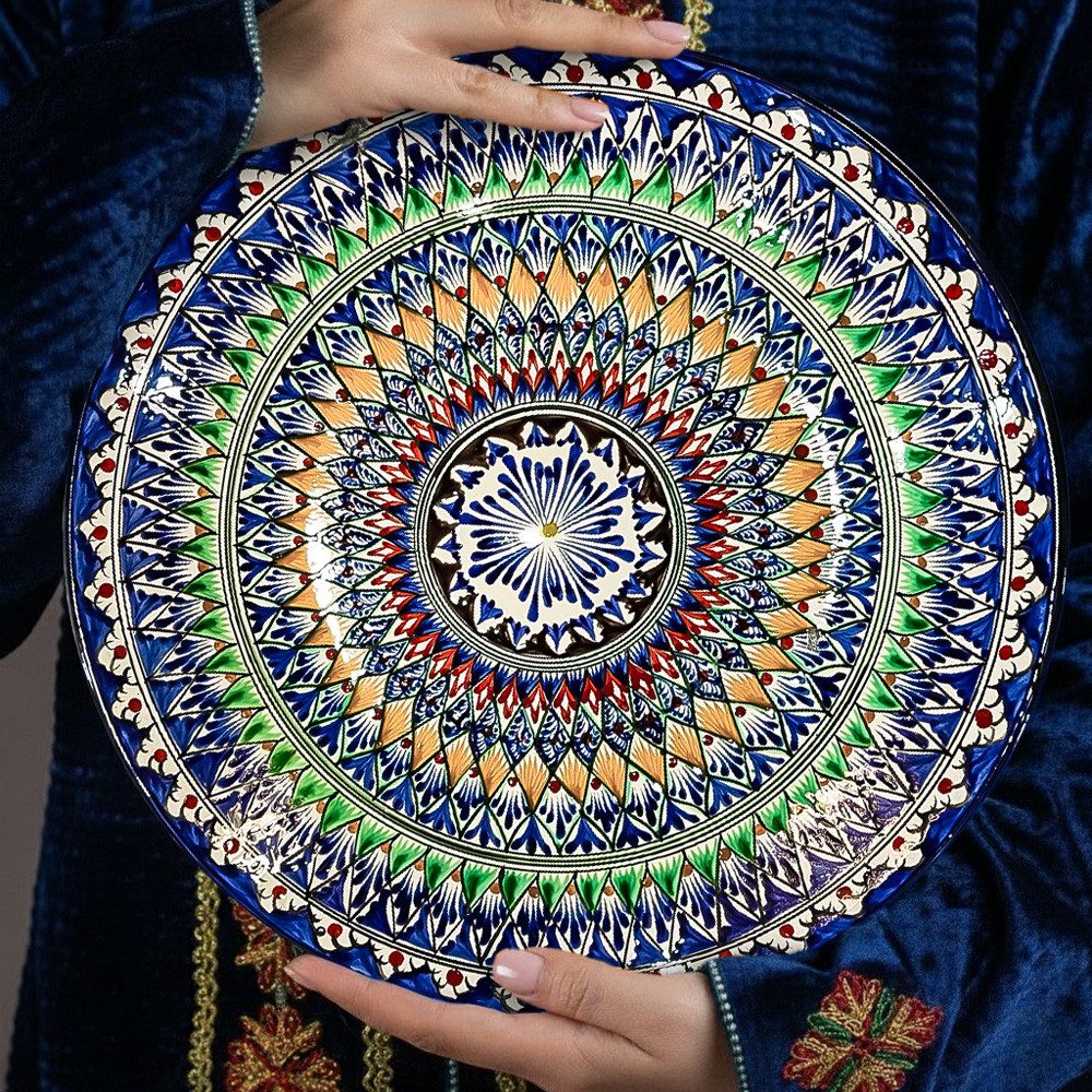 Servierplatte Lagan Ø 42 cm dunkelblau Muster Mix Plowplatte Pilawteller Keramik, Keramik, Handarbeit