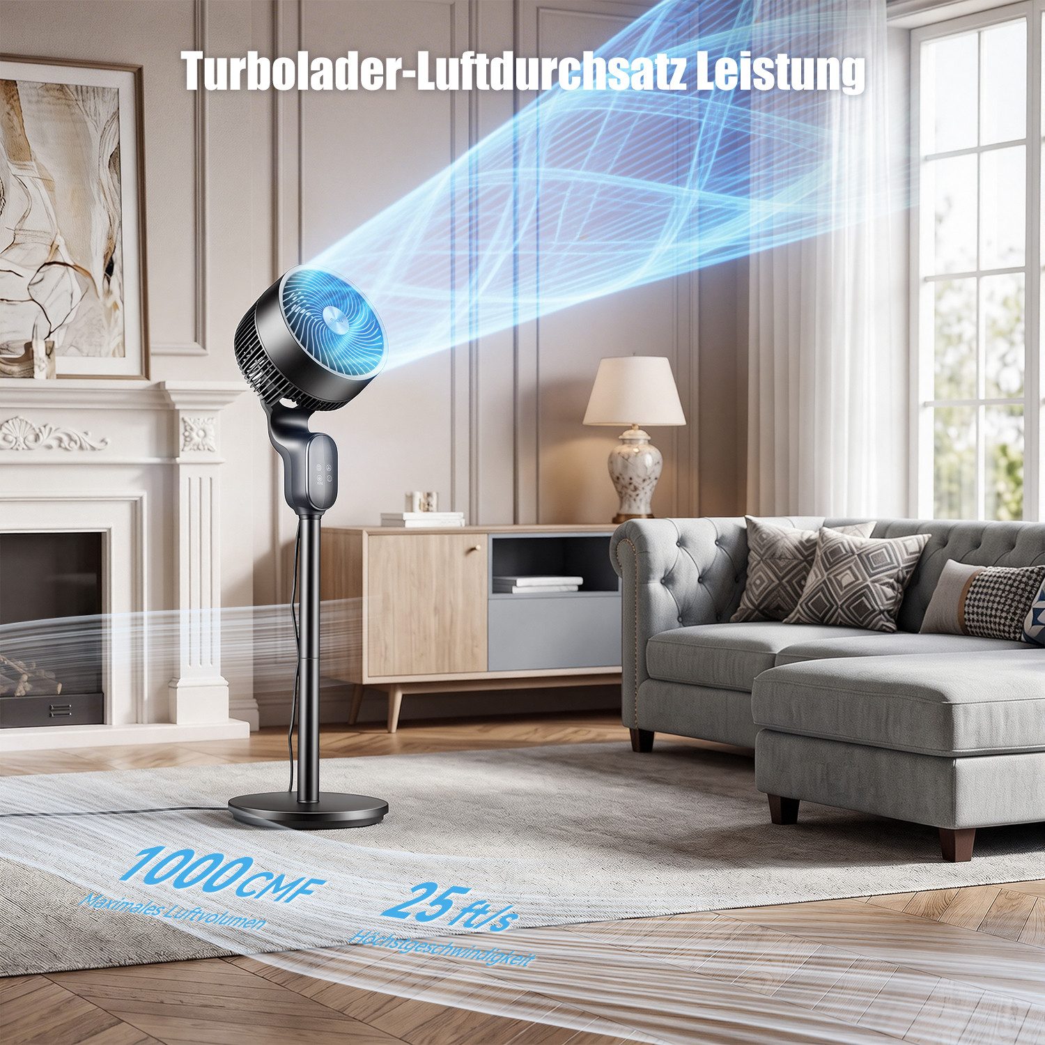oyajia Standventilator mit Fernbedienung, 3D-Oszillation Luftzirkulator, 8 Geschwindigkeiten, 12H Timer, LED-Display, Ventilator mit Aromapads