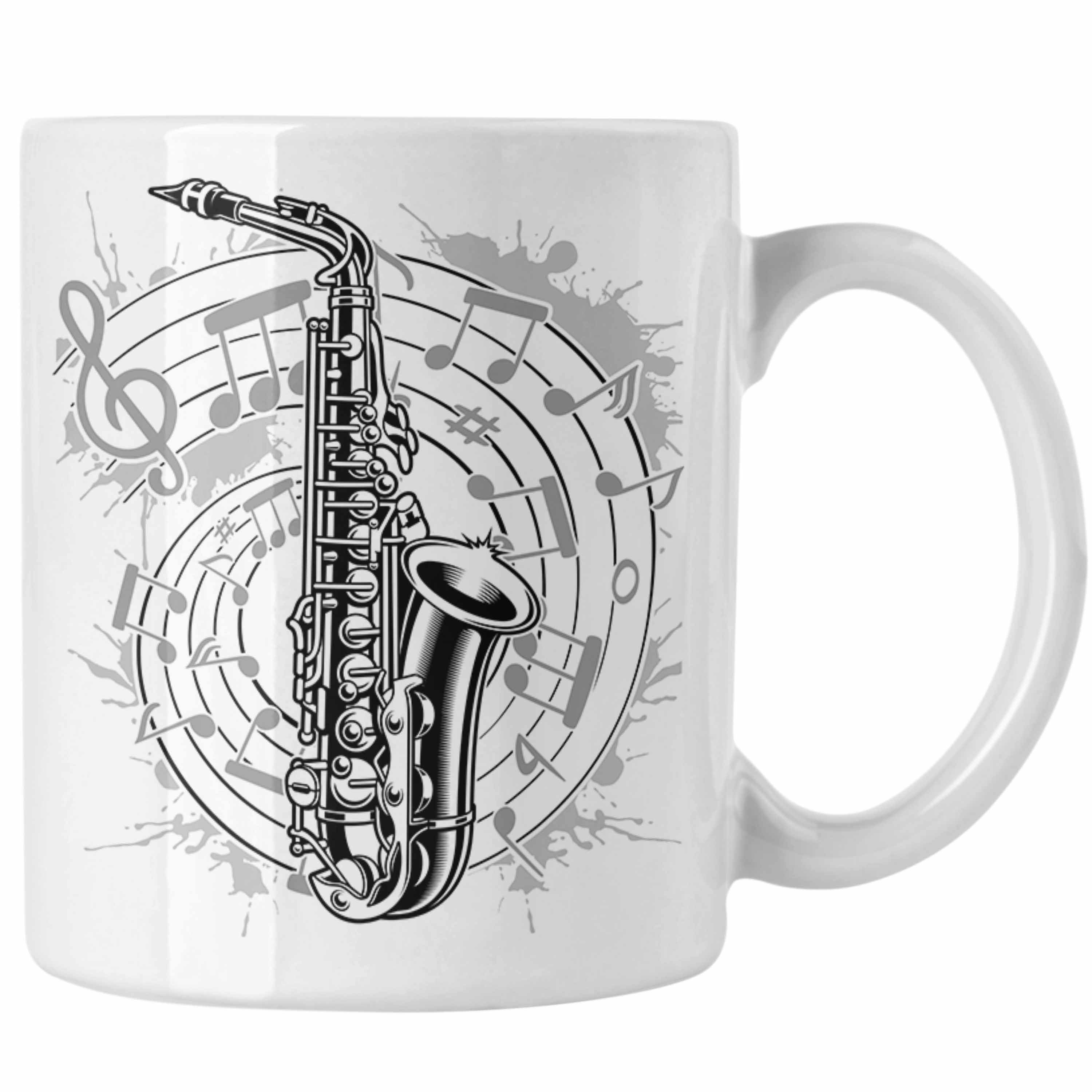 Elegantster Niedrigstpreis Trendation Tasse Saxophon Musik Saxophon-Spieler Noten Jazz Musikinstrument Tasse Weiss