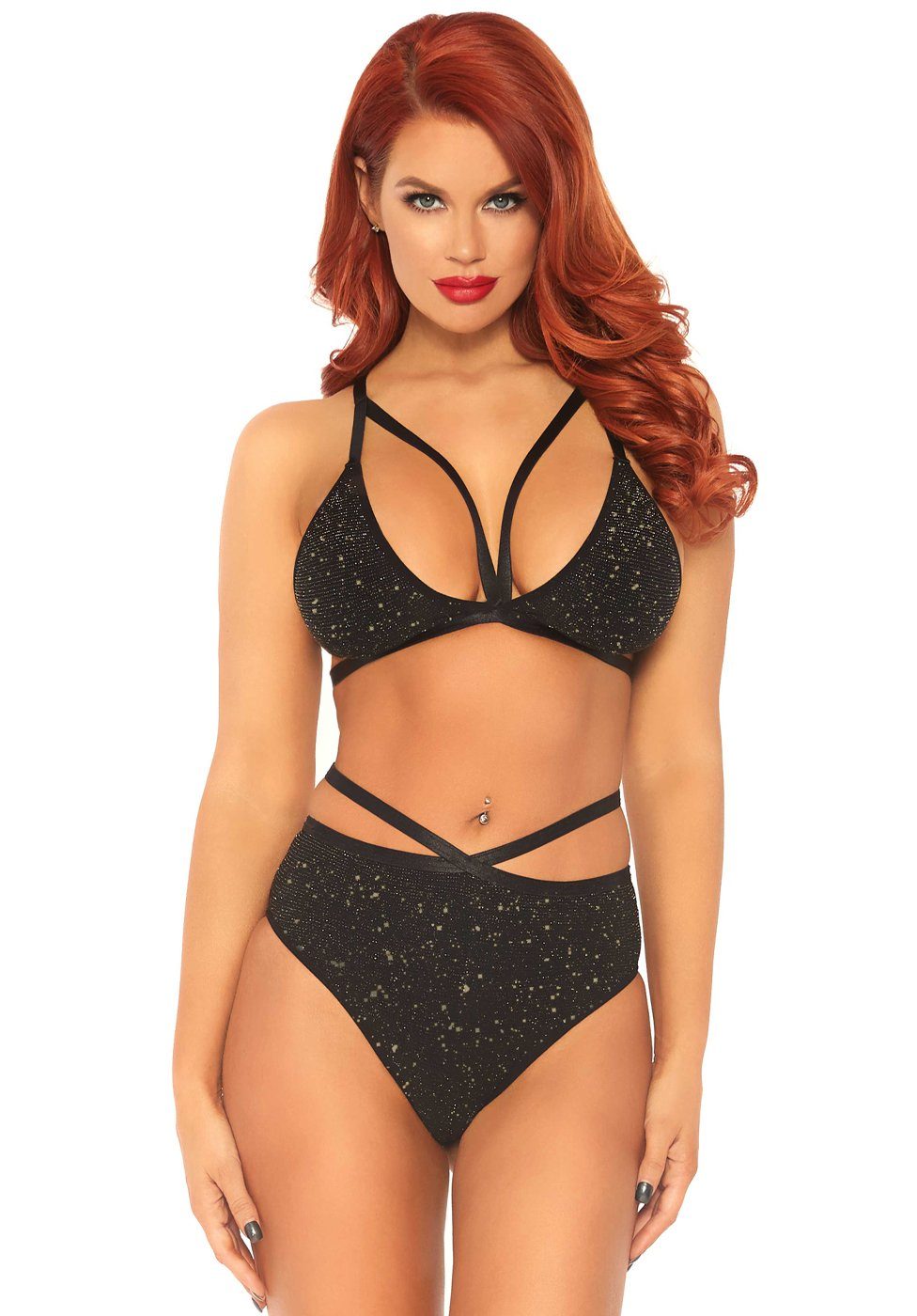 Leg Avenue Set: Bügelloser BH BH und High Waist Slip mit Glitzer- schwarz, gold (2-tlg) transparent
