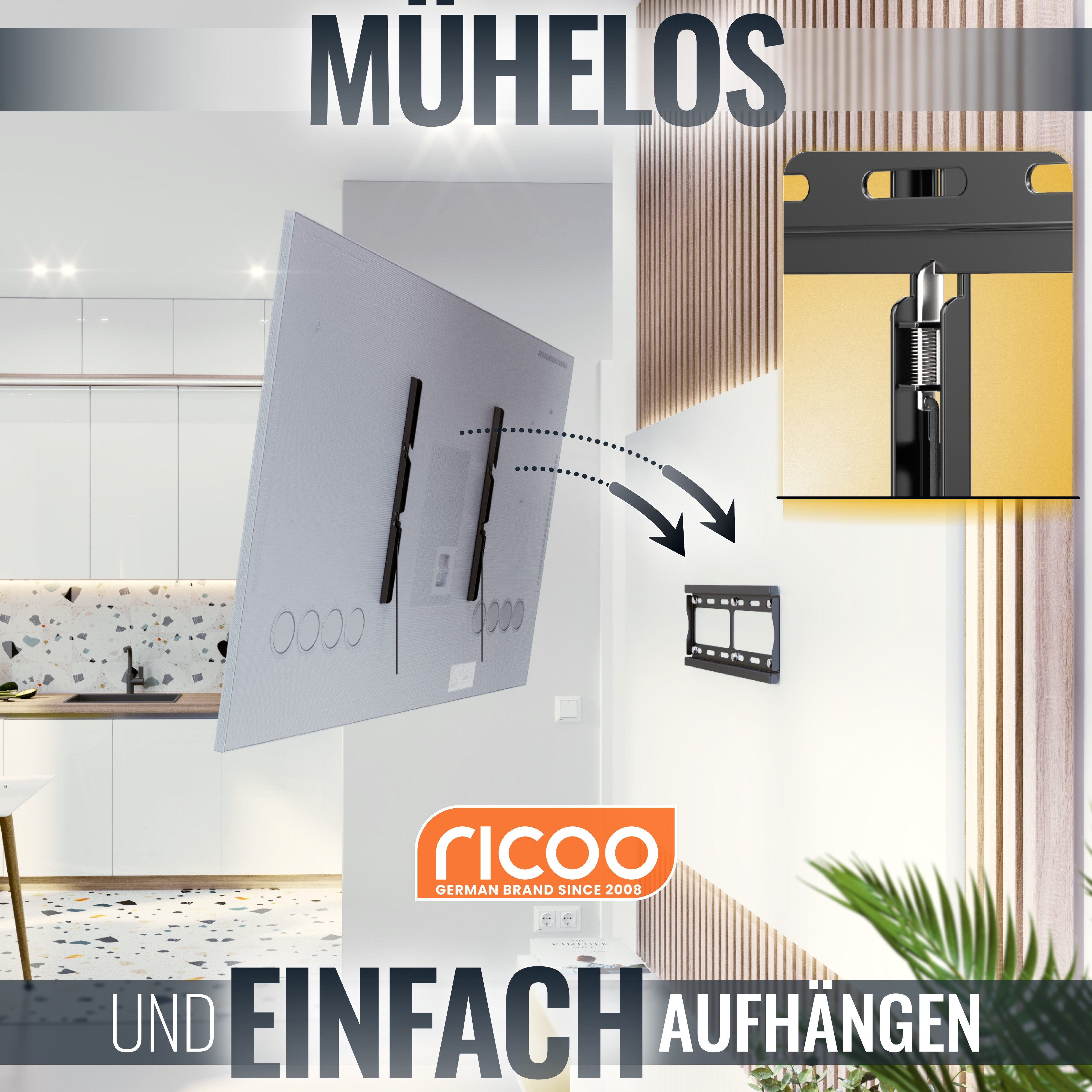 RICOO TV-Wandhalterung TV Wandhalterung Universal 26"-55" fest flach F0244, (bis 55 Zoll, VESA 200x200 bis 400x400, 1-tlg., 60 Kg Tragkraft, für 26"-55" (66-140 cm) Bildschirm Diagonale, flache Monitor Halterung, BxH: 410mm x 410mm, super slim)