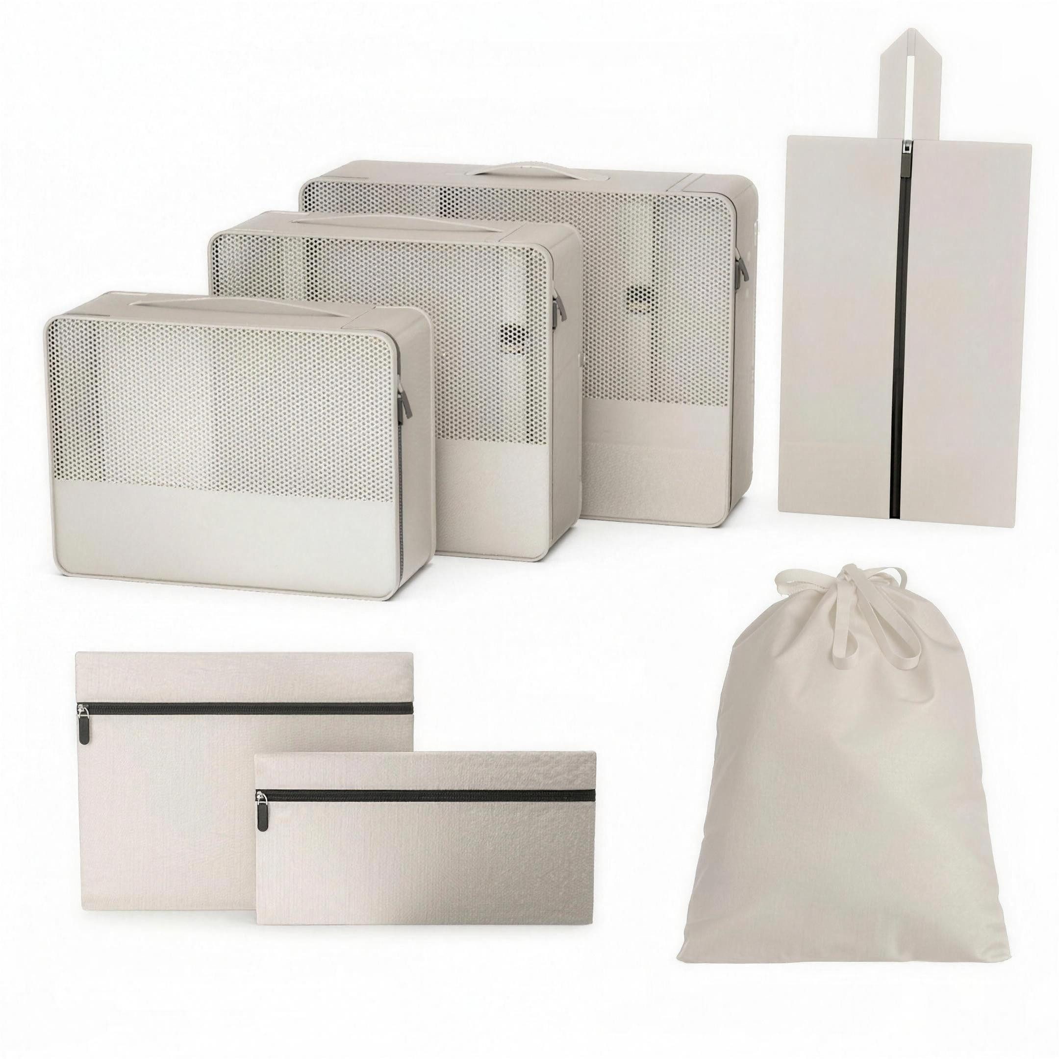 H-basics Kofferorganizer Packwürfel Set 7-teilig Creme Mesh Packing Cubes