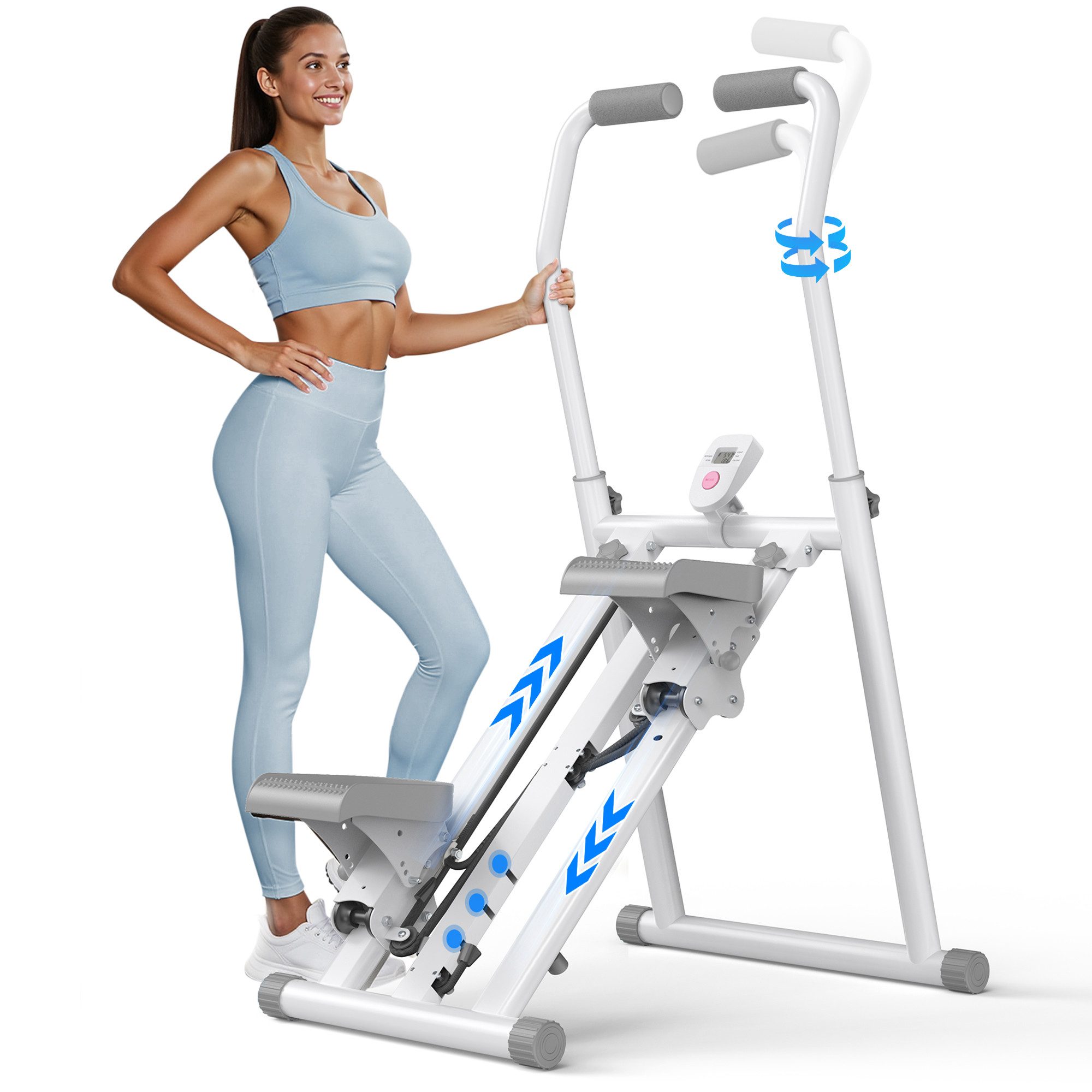 MERACH Stepper für Zuhause, leiser Klettertrainer für Ganzkörpertraining (Klappbarer Heimtrainer, 3 Höhenstufen, 3 Widerstandsstufen, 1-tlg., LCD-Display, 4 Schutzmatten, platzsparend, langlebiges Fitnessgerät), Anti-Rutsch-Pedale, einfache Montage, 150 kg Belastbarkeit