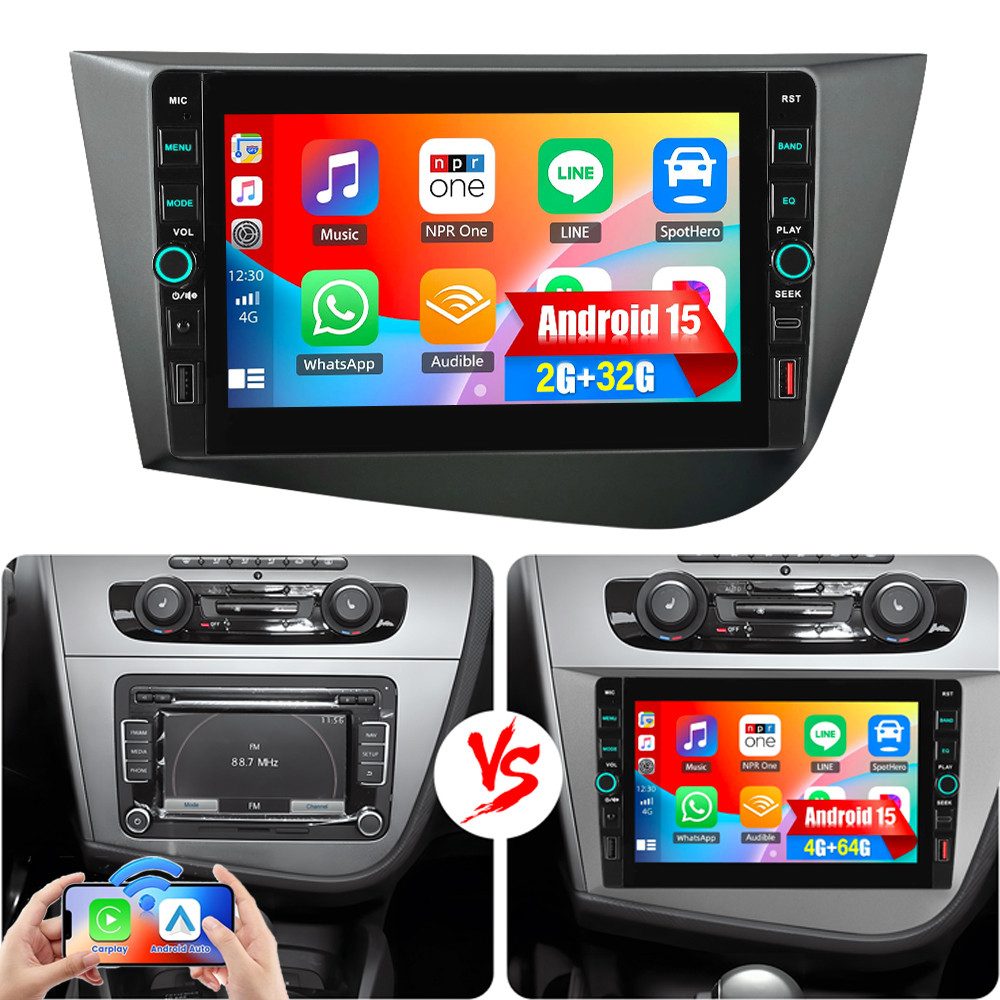 ESSGOO Für Seat Leon 1P1 2005-12 Android15 Autoradio Carplay GPS NAVI Mit USB Autoradio (RDS, 4+64GB(optional), Digitalradio (DAB), FM, SWC, Apple Carplay Android Auto GPS Navi WIFI BT EQ mit USB- und Type-C)