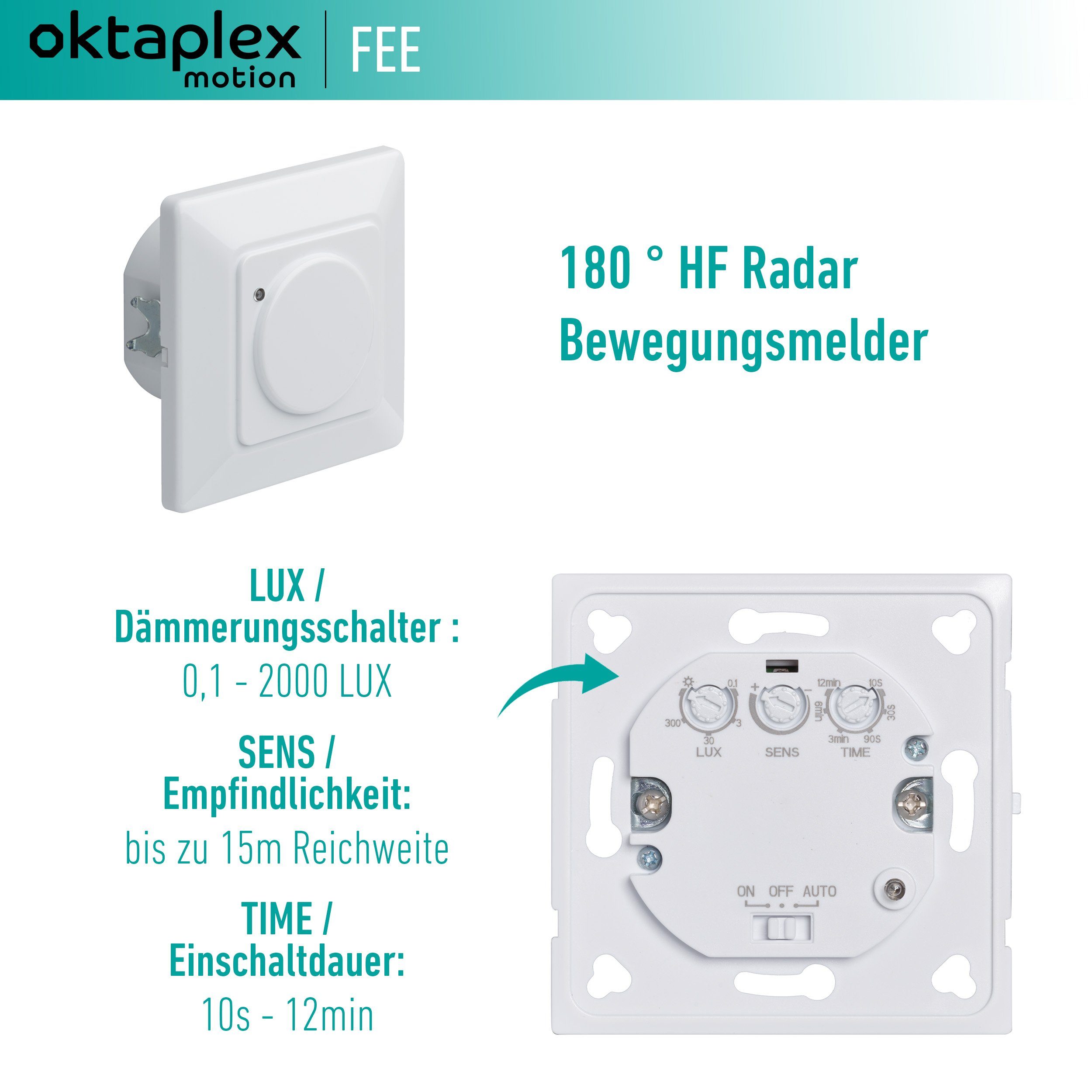Oktaplex motion Bewegungsmelder Innen 15m/180° Unterputz 68mm Innen Hohlraumdose Reichweite weiß Sensor, HF