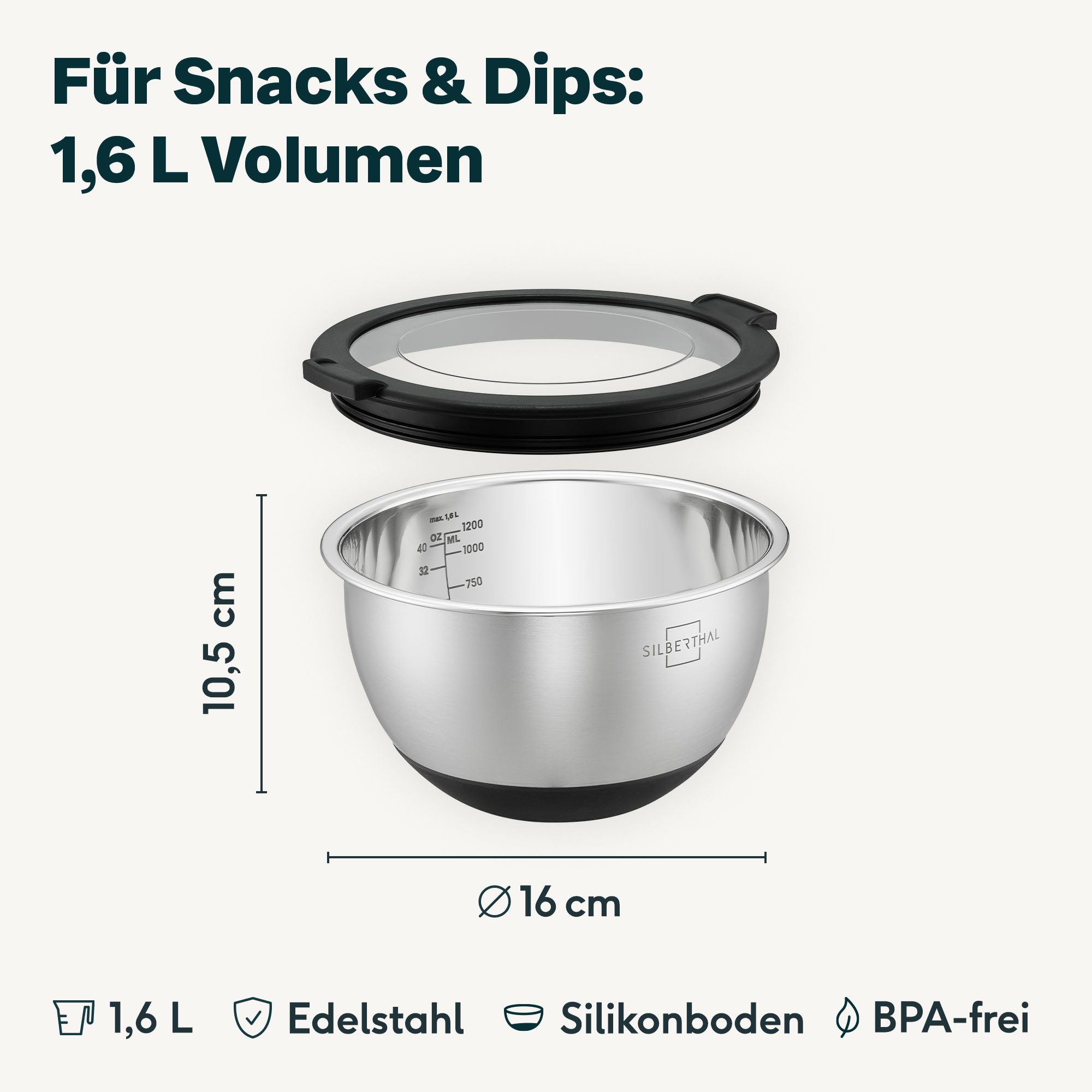 SILBERTHAL Rührschüssel Salatschüssel 16cm, Edelstahl, (1-tlg), Rutschfest dank Silikonboden, mit integrierter Skala