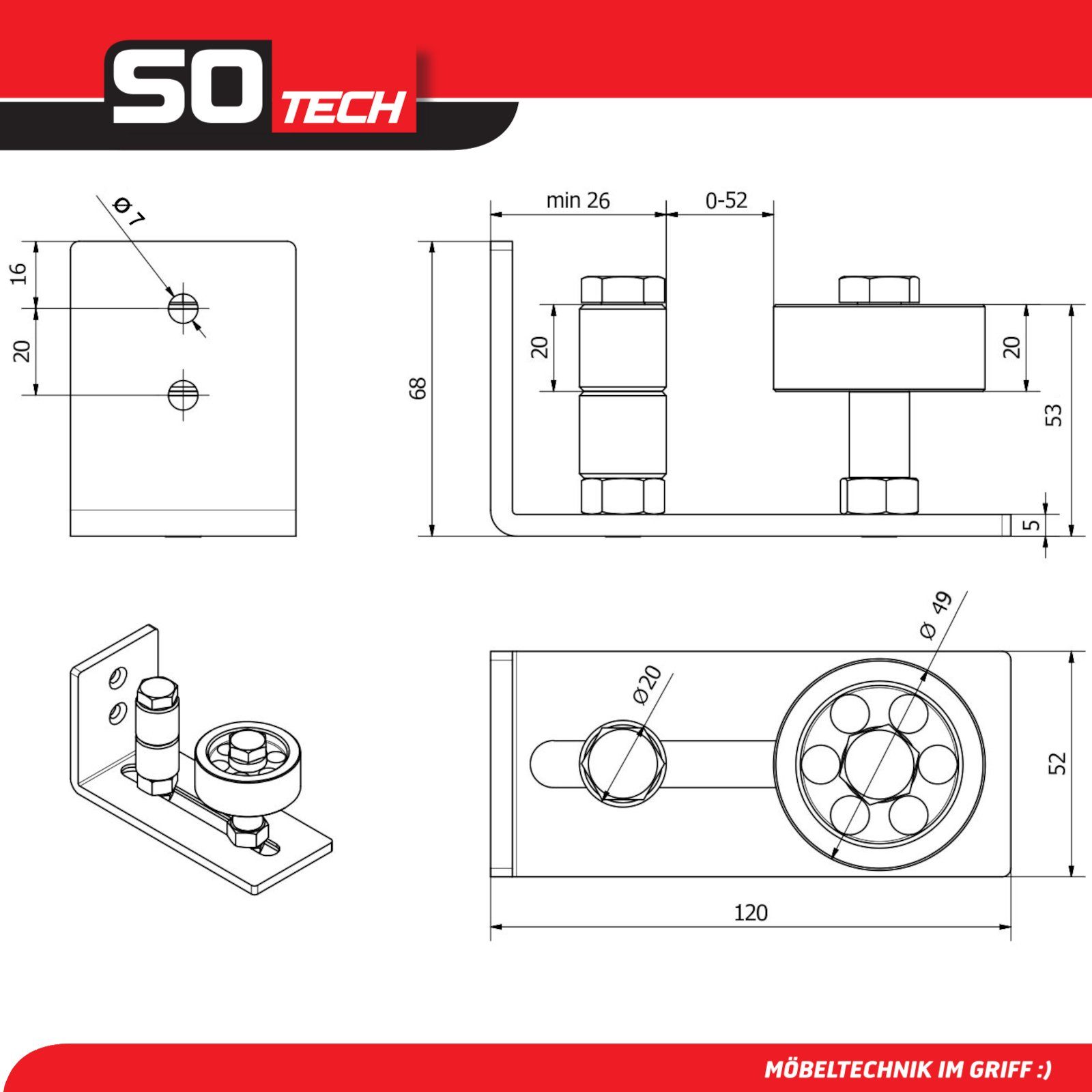 SO-TECH® Schienensystem Schiebetür-Bodenführung, einstellbare Bodenführung, ST-BF-02, Wandmontage, Rollenführung Türstärke 0 bis 65 mm – Bild 5 von 5