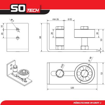 Schienensystem Schiebetür-Bodenführung, einstellbare Bodenführung, SO-TECH®, ST-BF-02, Wandmontage, Rollenführung Türstärke 0 bis 65 mm