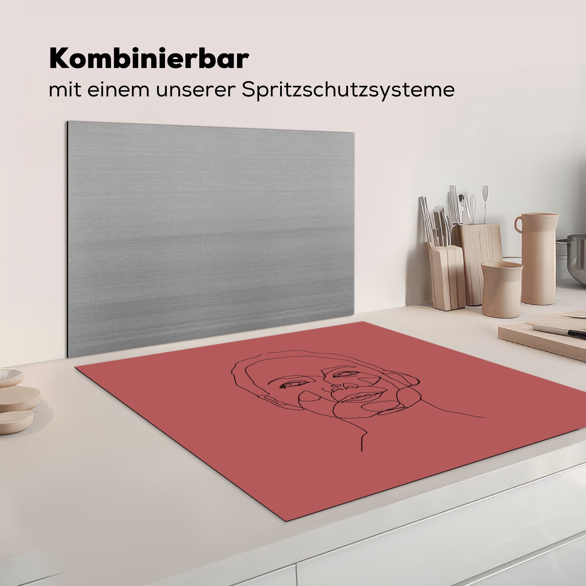 Strichzeichnung, Kopf 78x78 Arbeitsplatte cm, (1 Herdblende-/Abdeckplatte - tlg), für Frau - MuchoWow küche Vinyl, Ceranfeldabdeckung,