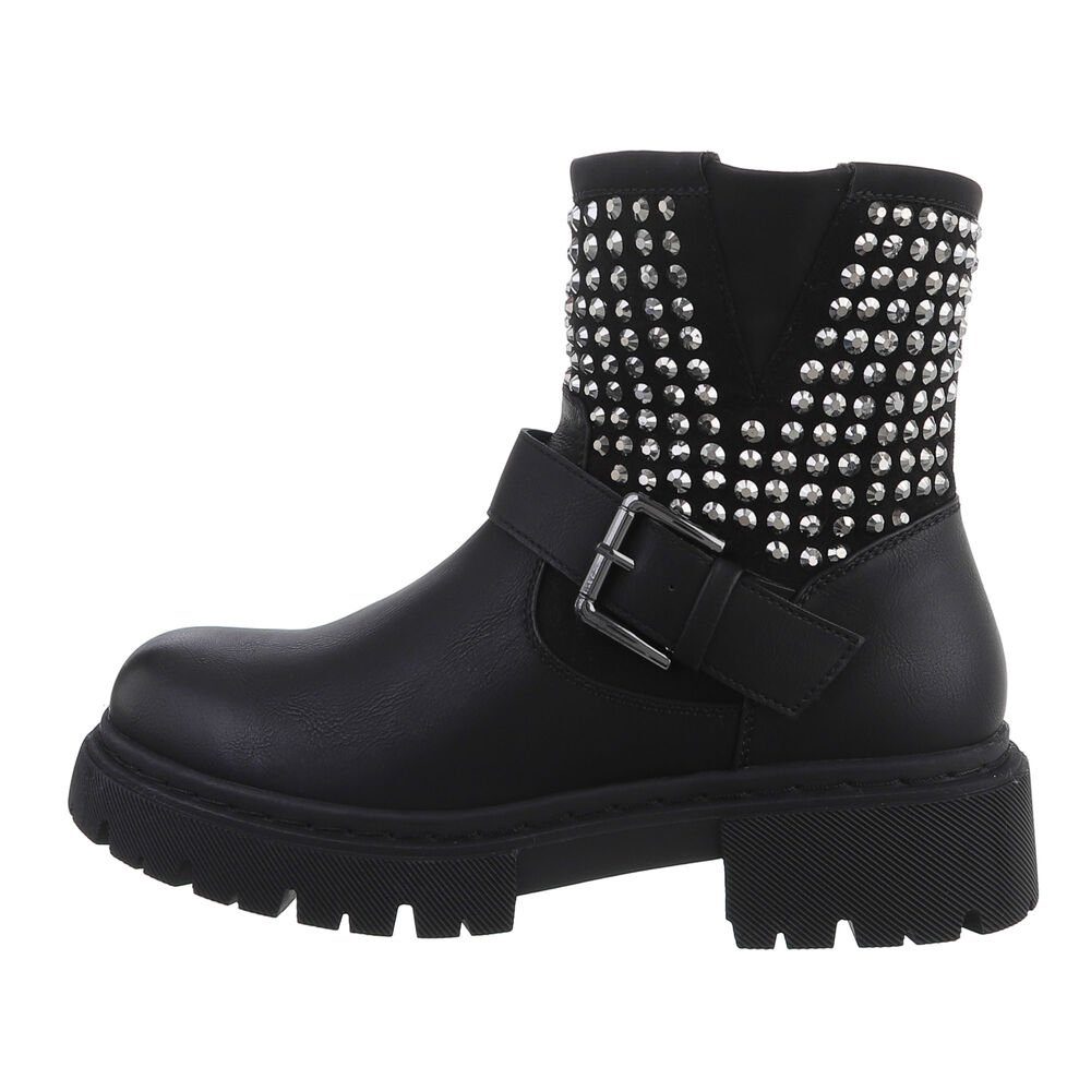 Bikerschuhe Damen in Plateaustiefeletten Ital-Design Biker Blockabsatz Schwarz Westernstiefelette