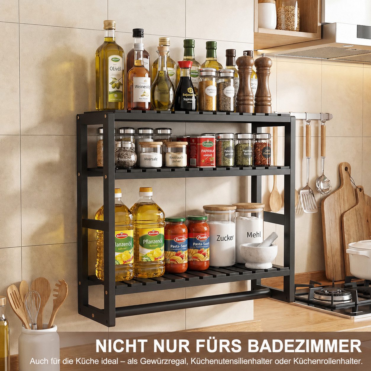 BlingBin Badregal Bambus Badezimmerregal mit 3 Ablagen und Handtuchstange, Wandmontage, Wandregal, 3 Ebenen Regal, Badezimmer Organizer, Bad Organizer 1-tlg., 4 – Bild 5 von 5