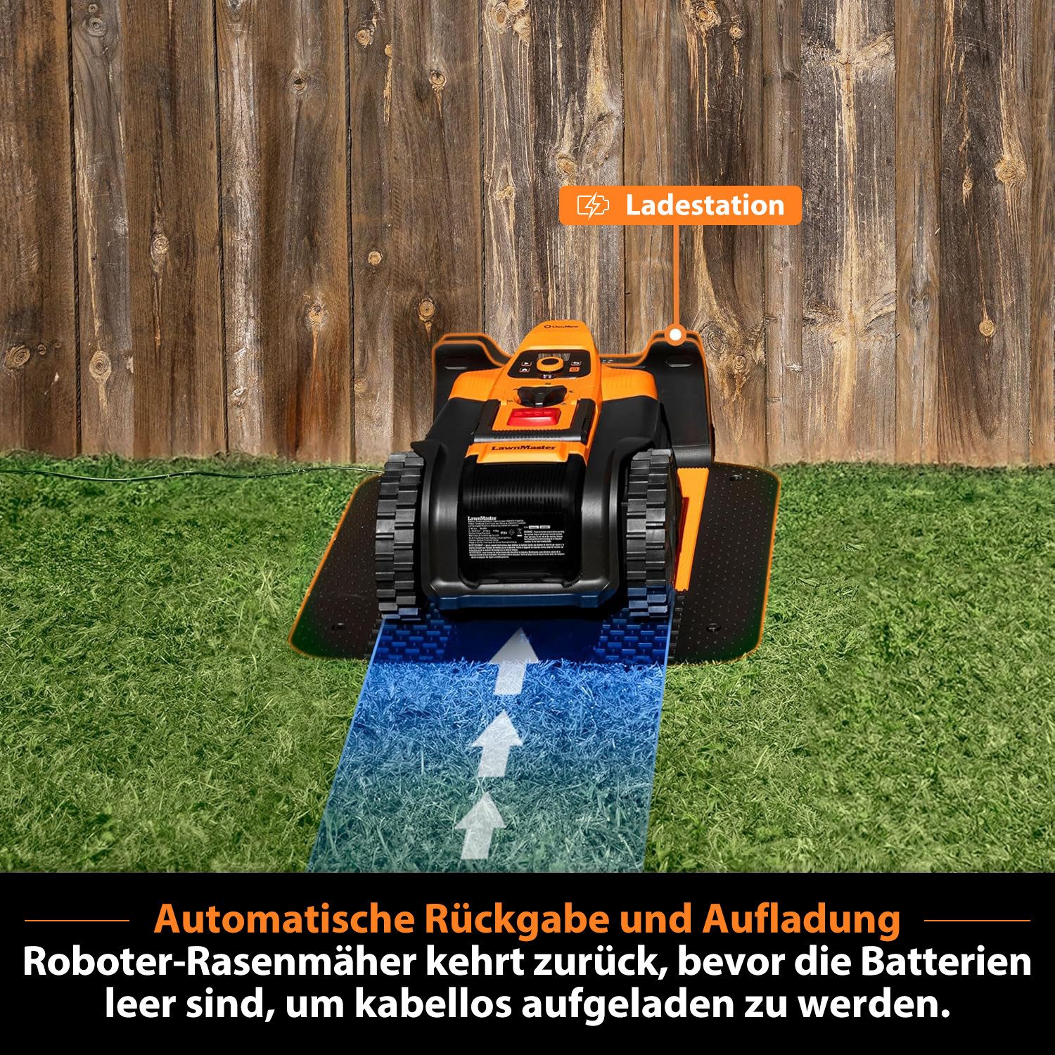 Lawnmaster robotic lawnmower without boundary wire, with 2Ah battery, for lawns up to 500 m², WiFi & Bluetooth app, automatic charging station, no-go zone function