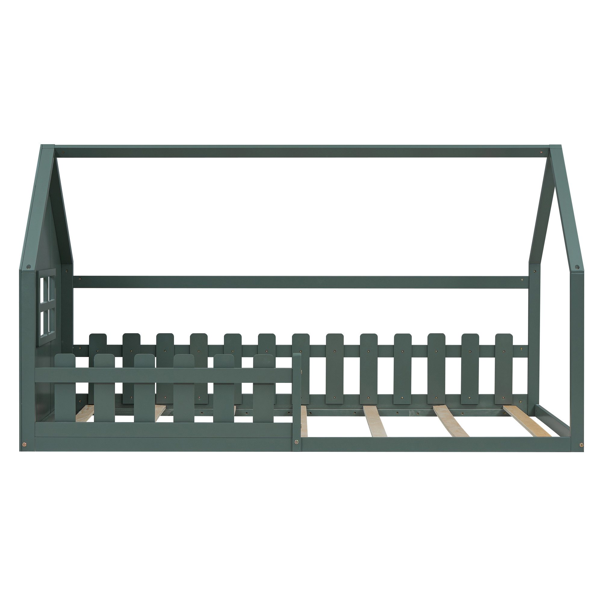 Flieks Massivholzbett, Kinderbett Hausbett Einzelbett 90x200cm mit Lattenrost und Zaun