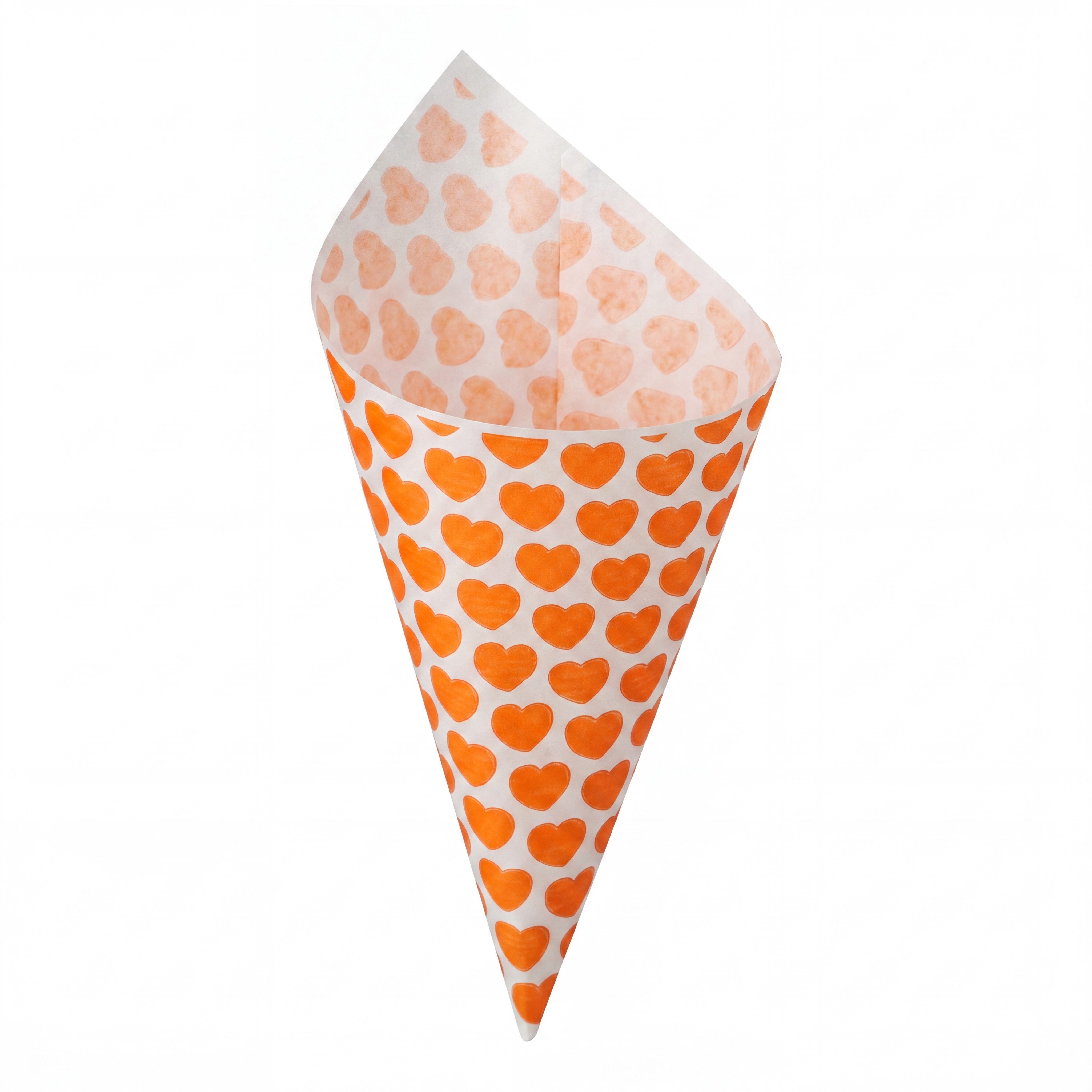 what the shop Papierspitztüten 100 Spitztüten Herzen orange 125g, weißes Kraftpapier Papier mit orangenen Herzen bedruckt
