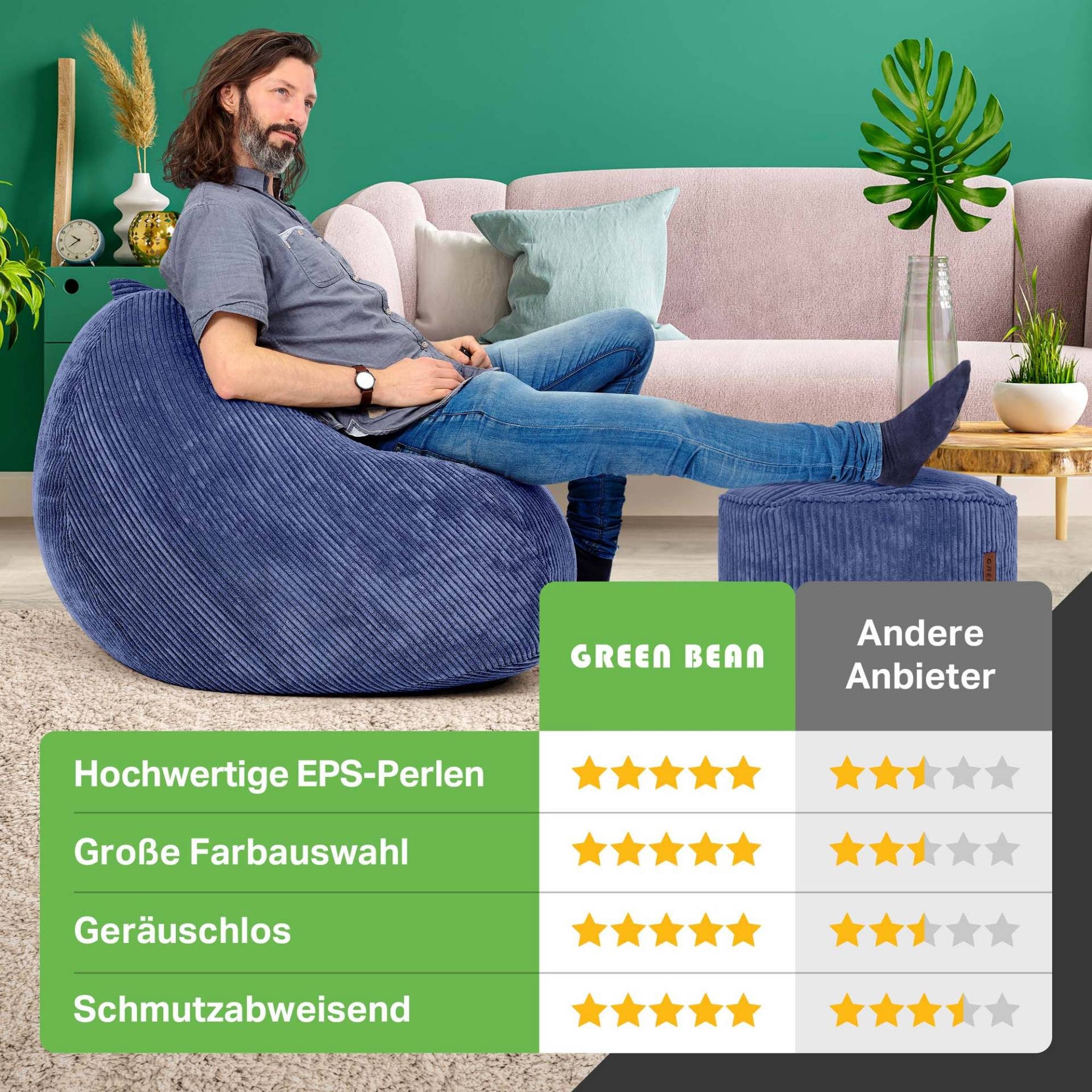 Green Bean Sitzsack XXL Sitzsack Scoop + Hocker aus Cord, Indoor Sitzkissen mit Sitzhocker, Relax Sessel