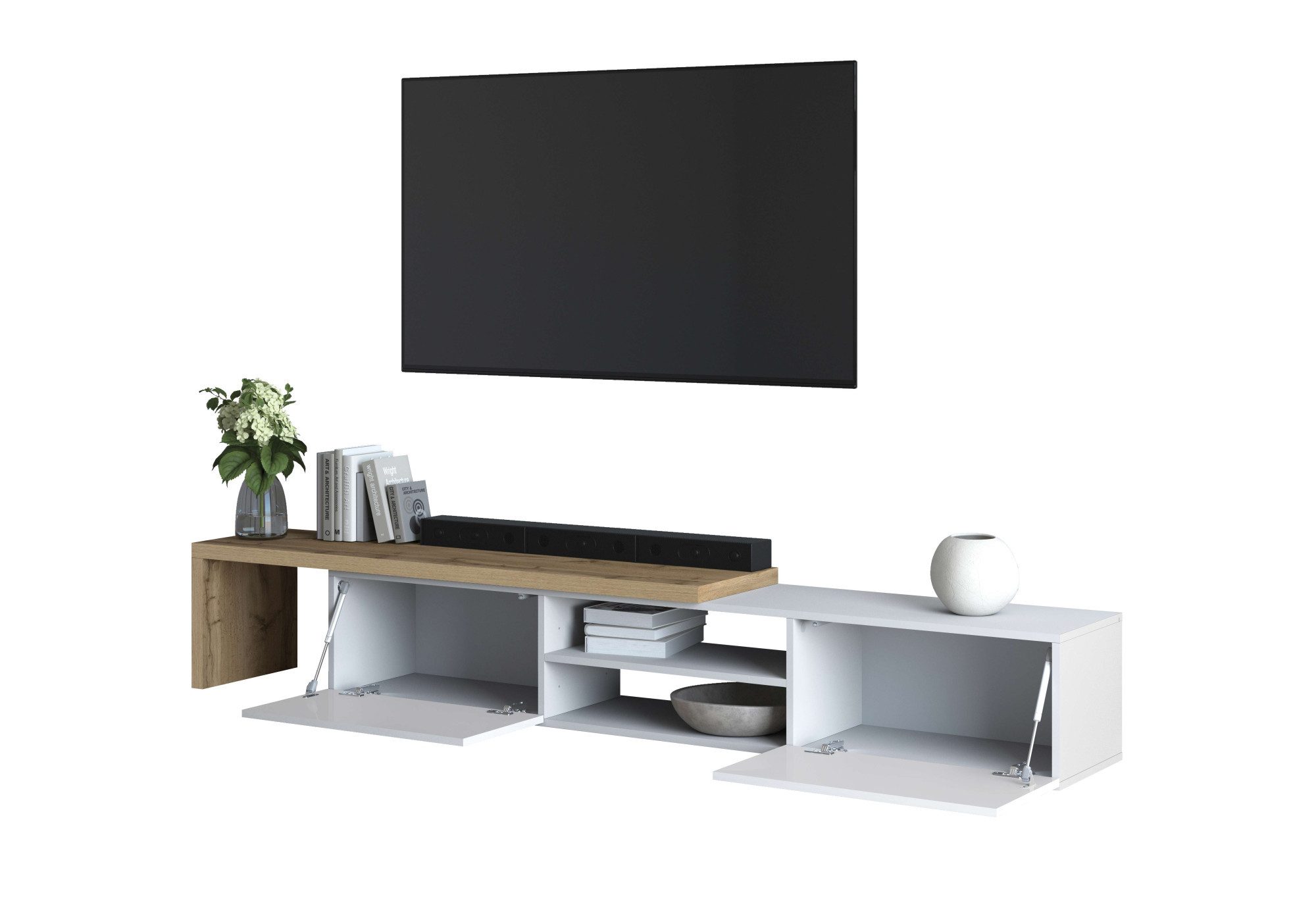 OTTO home Lowboard New Garda,Lowboard mit Aufsatz,TV-Board mit Ausatz,TV-Schrank-Tv Bank (1 St), Breite verstellbar v. 183 bis 310 cm,2 Klappen und L-Förmiger Aufsatz