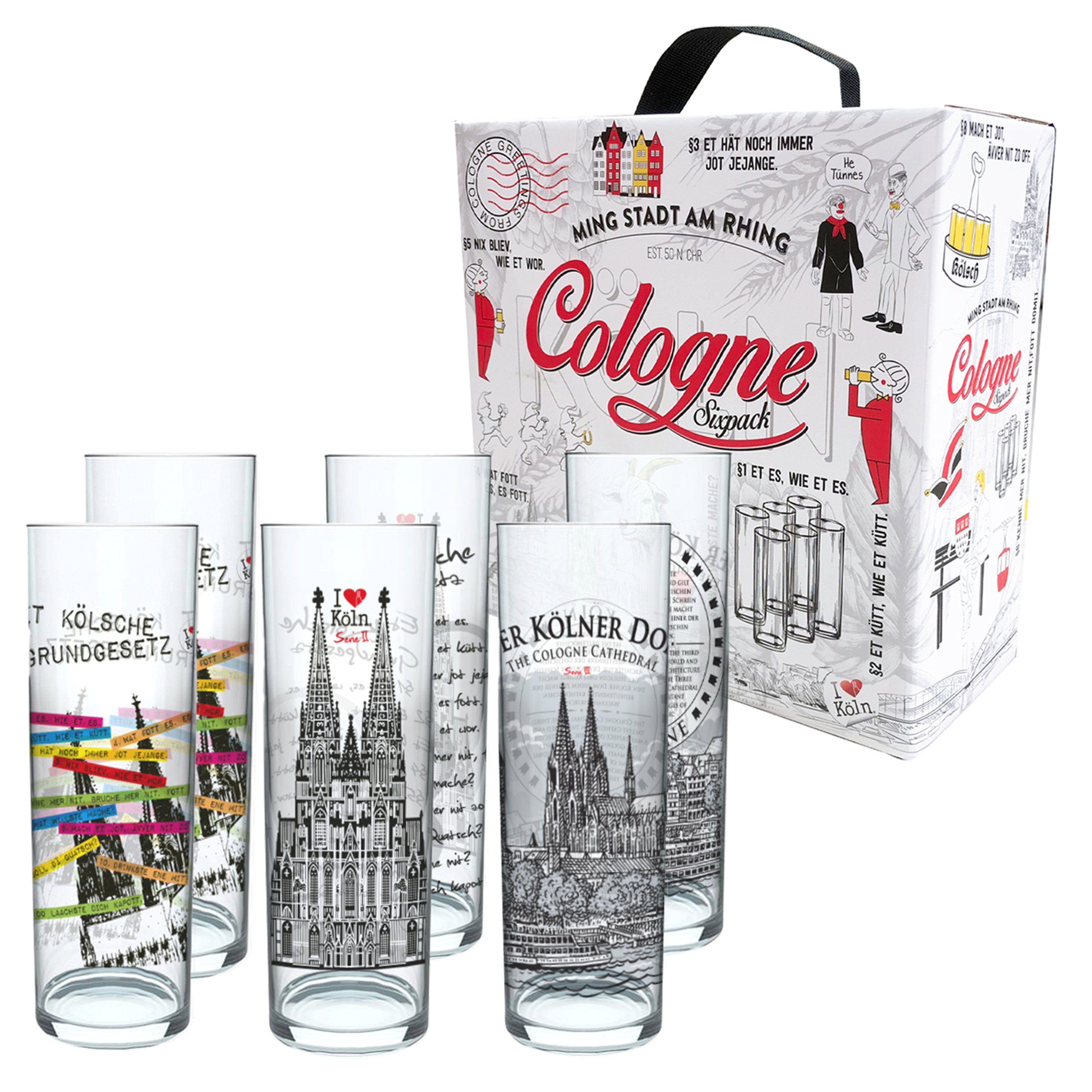 3forCologne Bierglas 3forCologne Kölschglas-Mix 6er Pack je 0,2ml Et Kölsches Grundgesetzt & Kölner Dom Biergläser, Kölner-Stangen, Trinkgläser