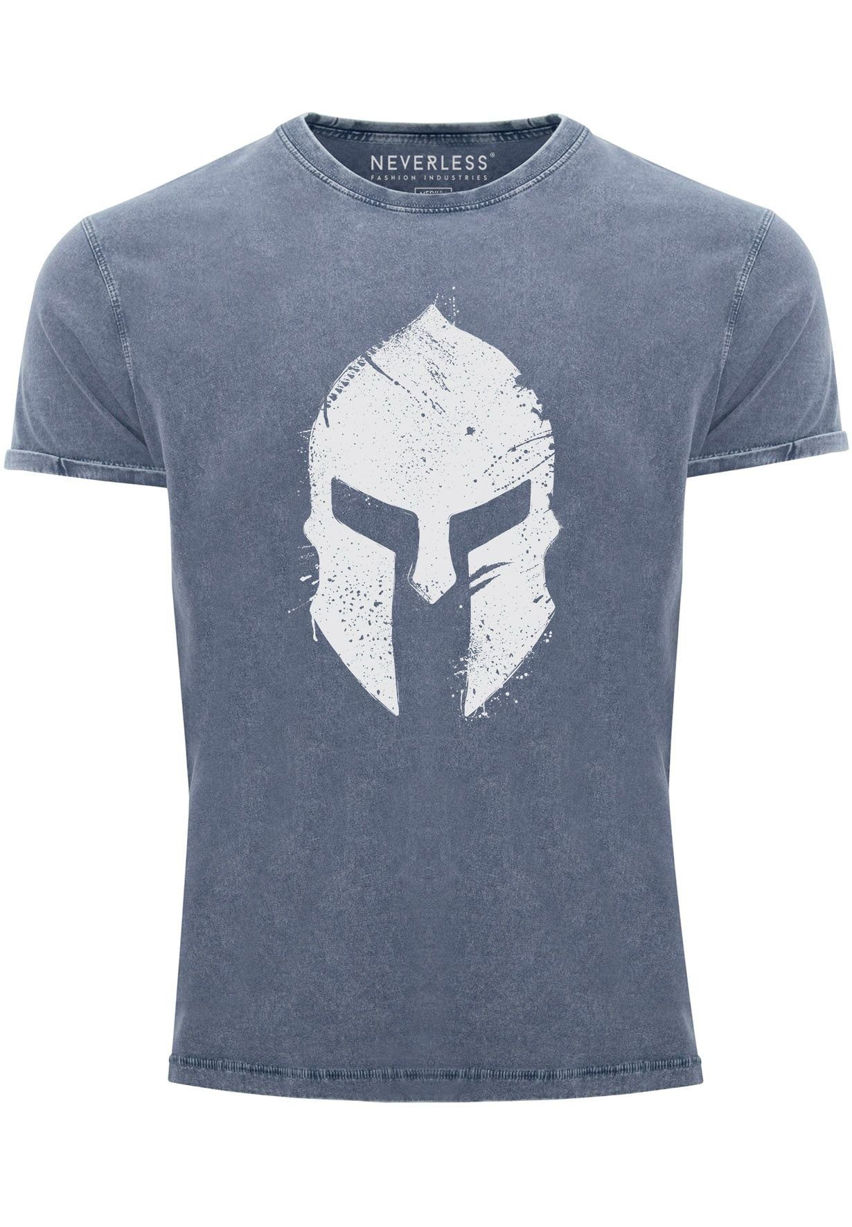 Neverless Print-Shirt Herren Vintage Shirt Print Sparta-Helm Aufdruck Gladiator Krieger Warr mit Print blau | T-Shirts