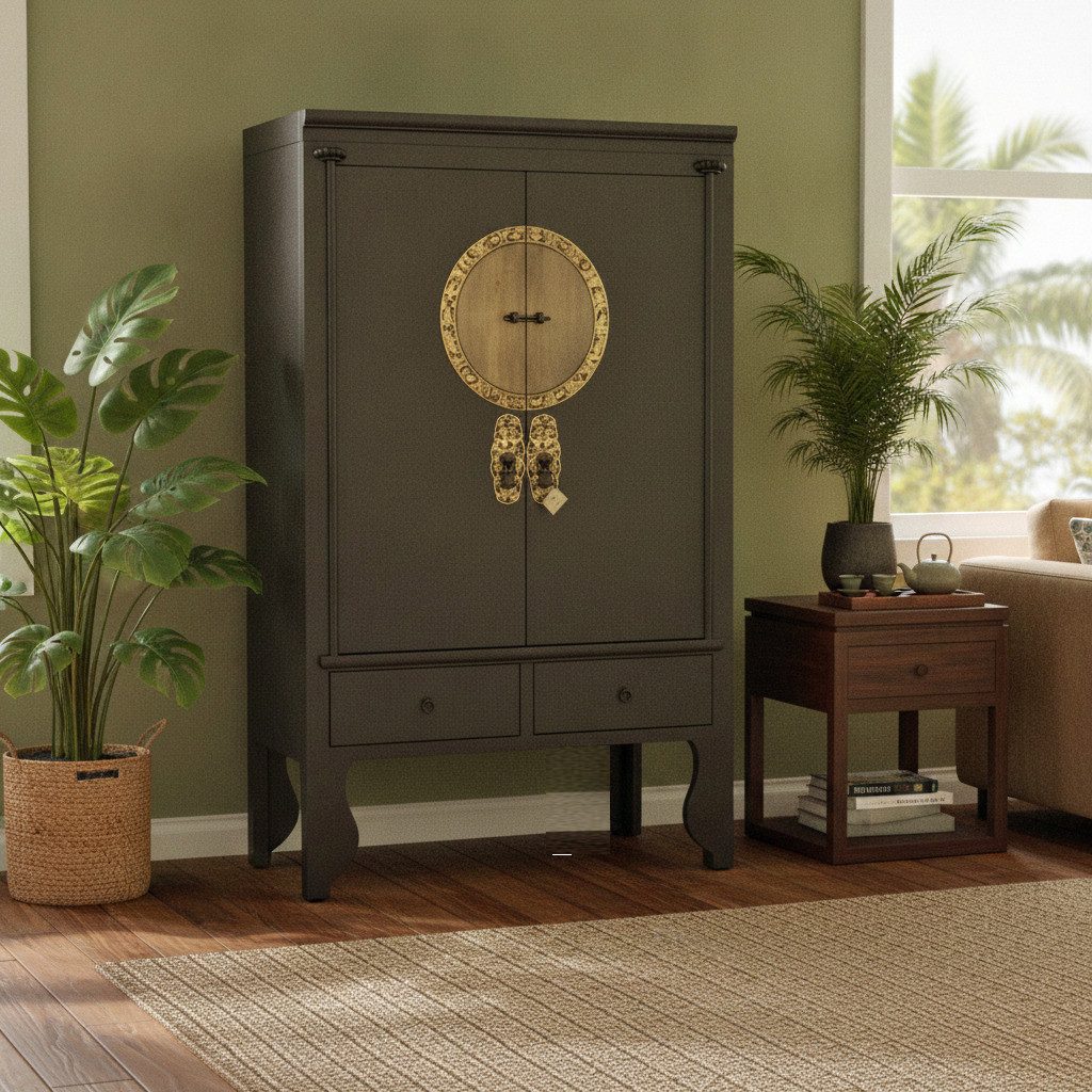 OPIUM OUTLET Kleiderschrank Chinesischer Hochzeitsschrank im Vintage-Stil (Breite x Tiefe x Höhe 105 x 55 x 175 cm, orientalischer Schrank Kommode, Asia Möbel komplett montiert Holz Landhaus-Stil shabby-chic) asiatisch