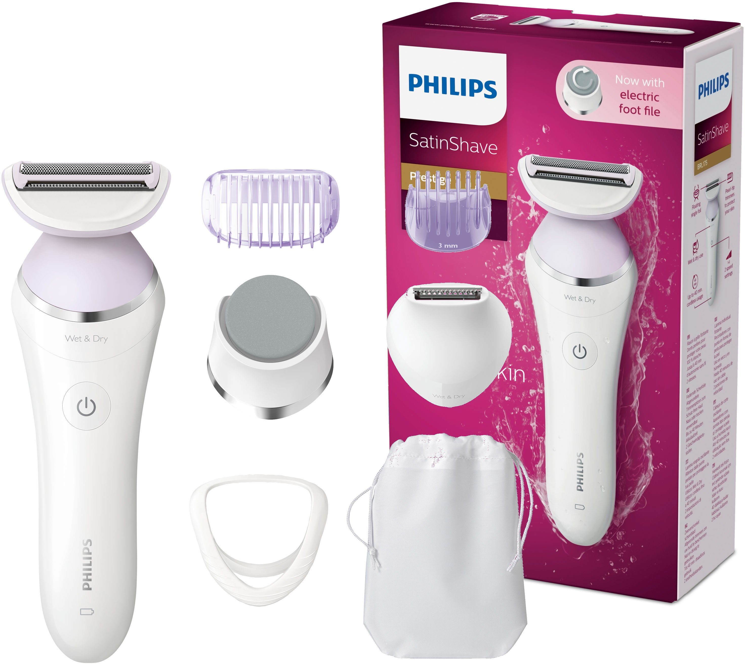 Philips Elektrokörperrasierer SatinShave Prestige mit BRL175/00, Hautstraffer Bikini-Kammaufsatz, federnde Scherfolie Schneidekopf